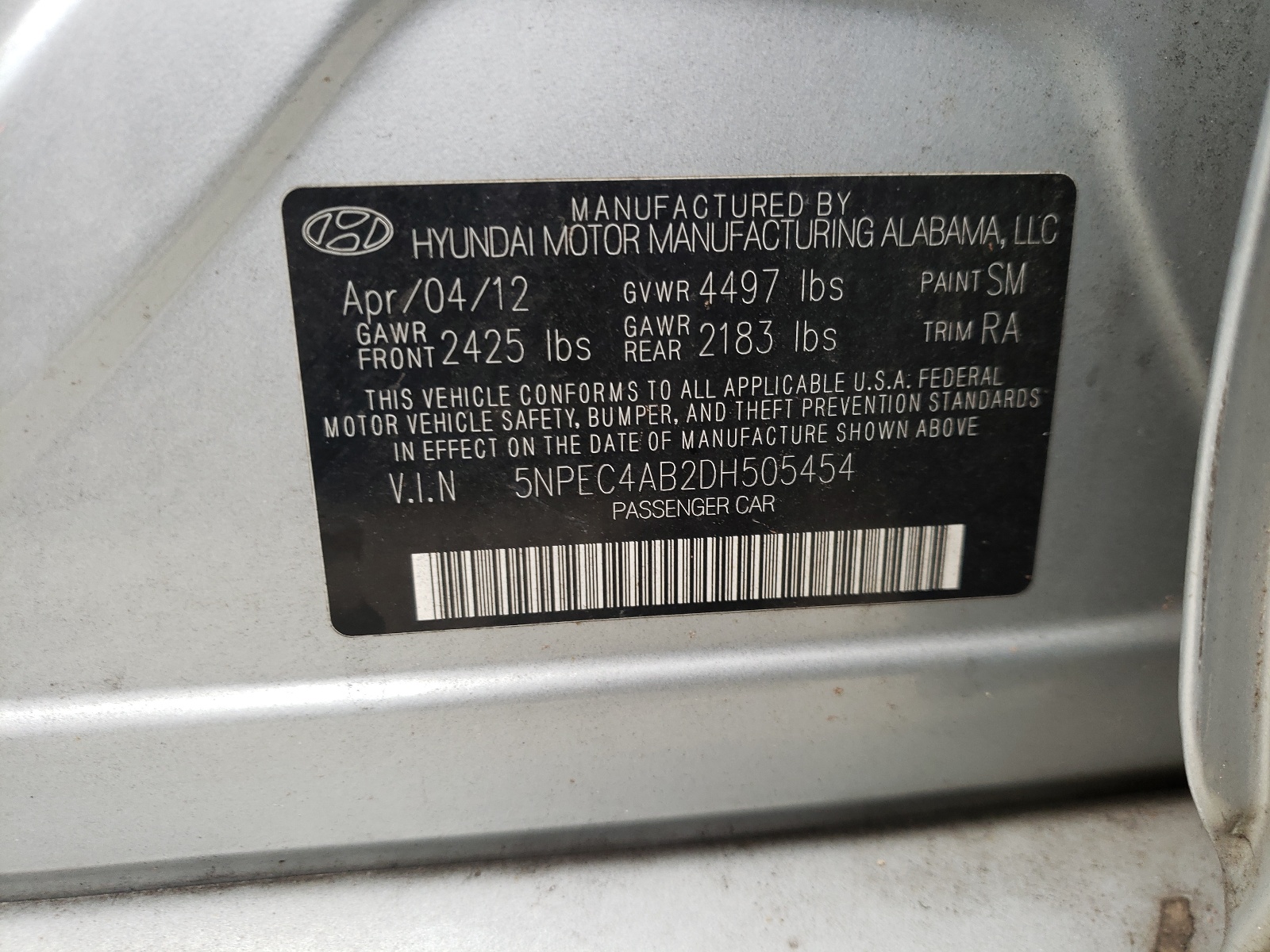 Photo 10 from auction – 2013 HYUNDAI SONATA SE with VIN 5NPEC4AB2DH505454