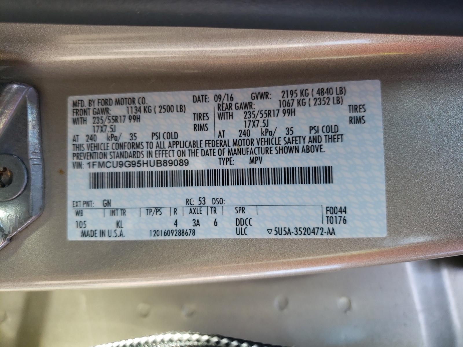 Photo 10 from auction – 2017 FORD ESCAPE SE with VIN 1FMCU9G95HUB89089