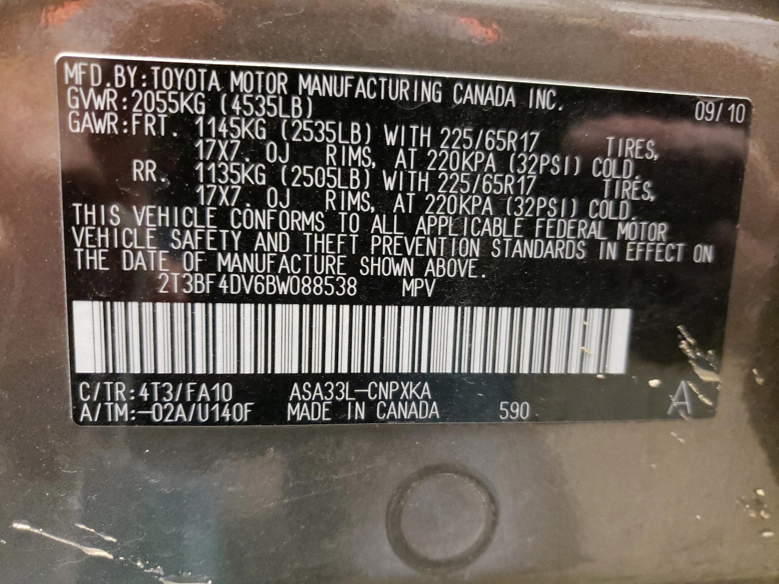 Photo 10 from auction – 2011 TOYOTA RAV4 with VIN 2T3BF4DV6BW088538