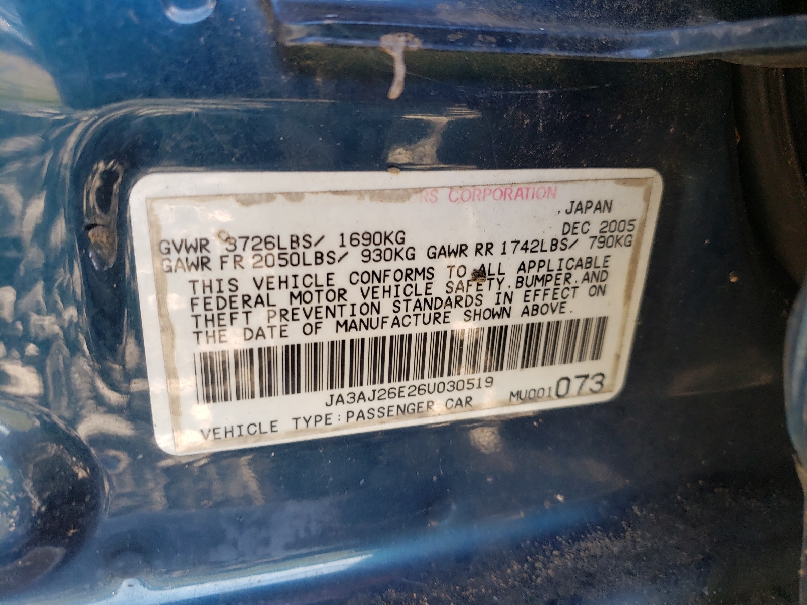 Photo 10 from auction – 2006 MITSUBISHI LANCER ES with VIN JA3AJ26E26U030519