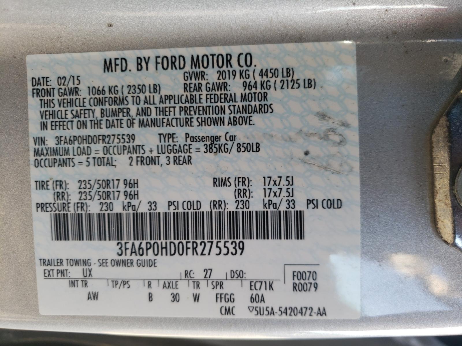 Photo 10 from auction – 2015 FORD FUSION with VIN 3FA6P0HD0FR275539