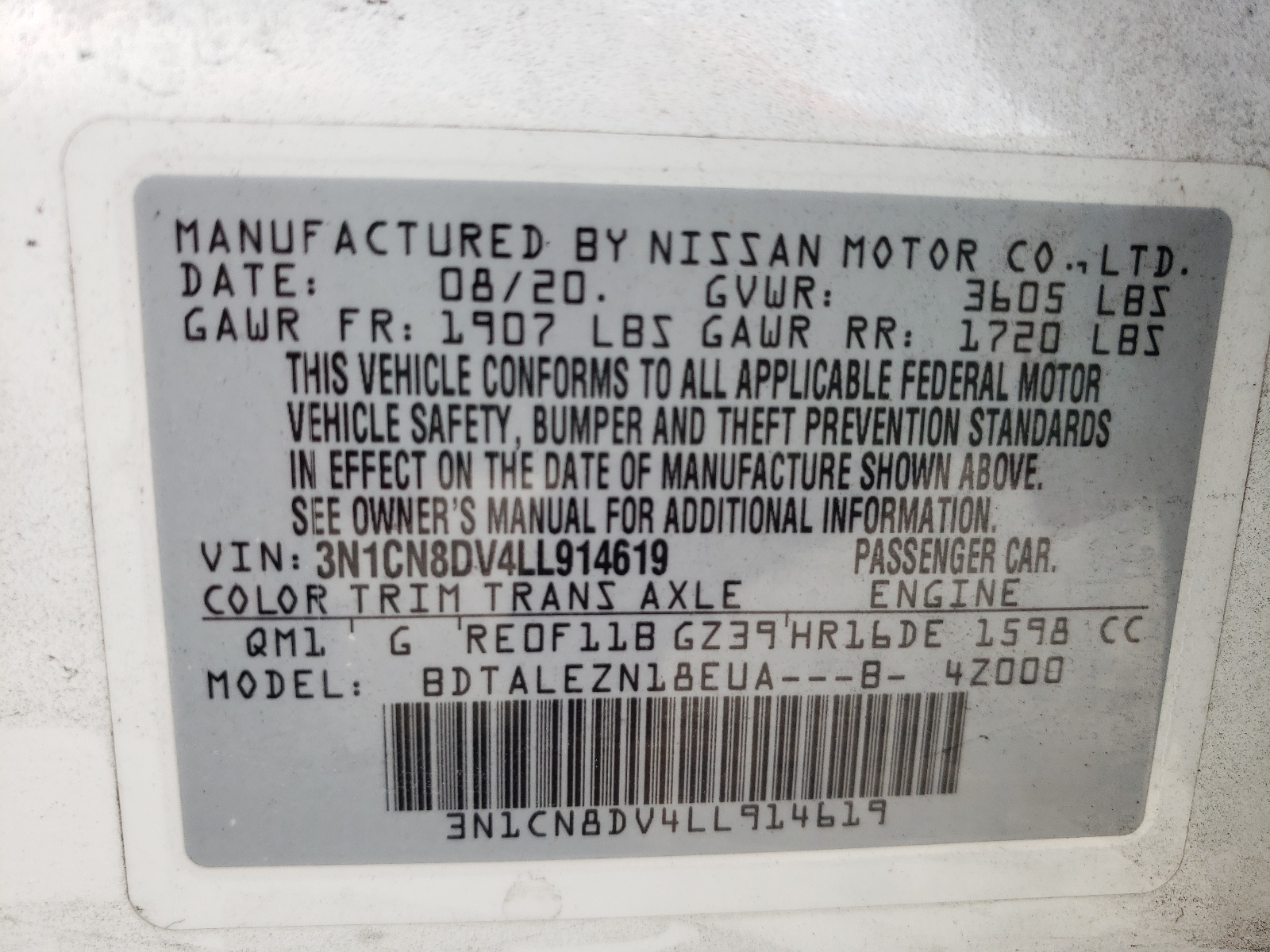 Photo 10 from auction – 2020 NISSAN VERSA S with VIN 3N1CN8DV4LL914619