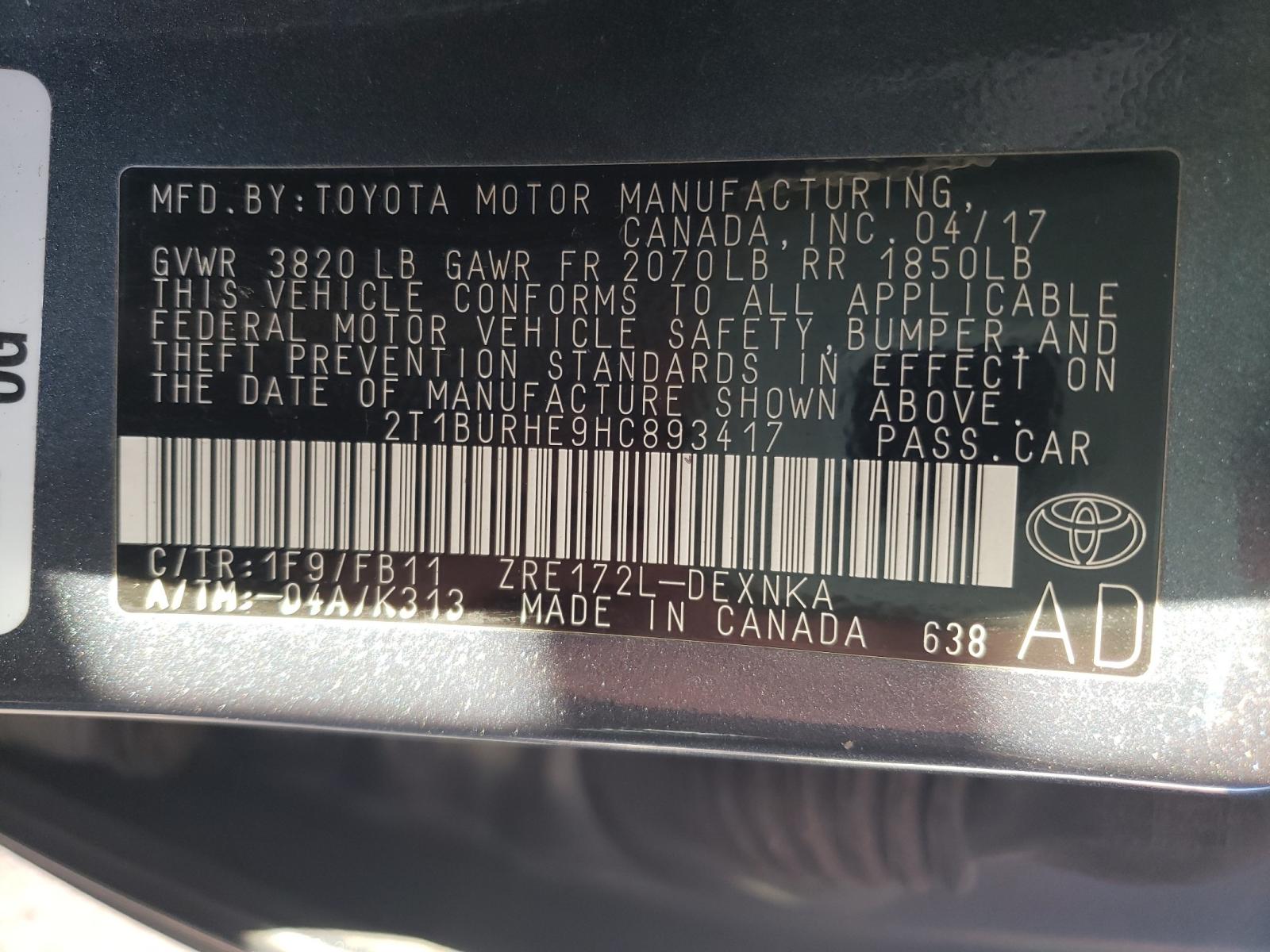 Photo 10 from auction – 2017 TOYOTA COROLLA L with VIN 2T1BURHE9HC893417