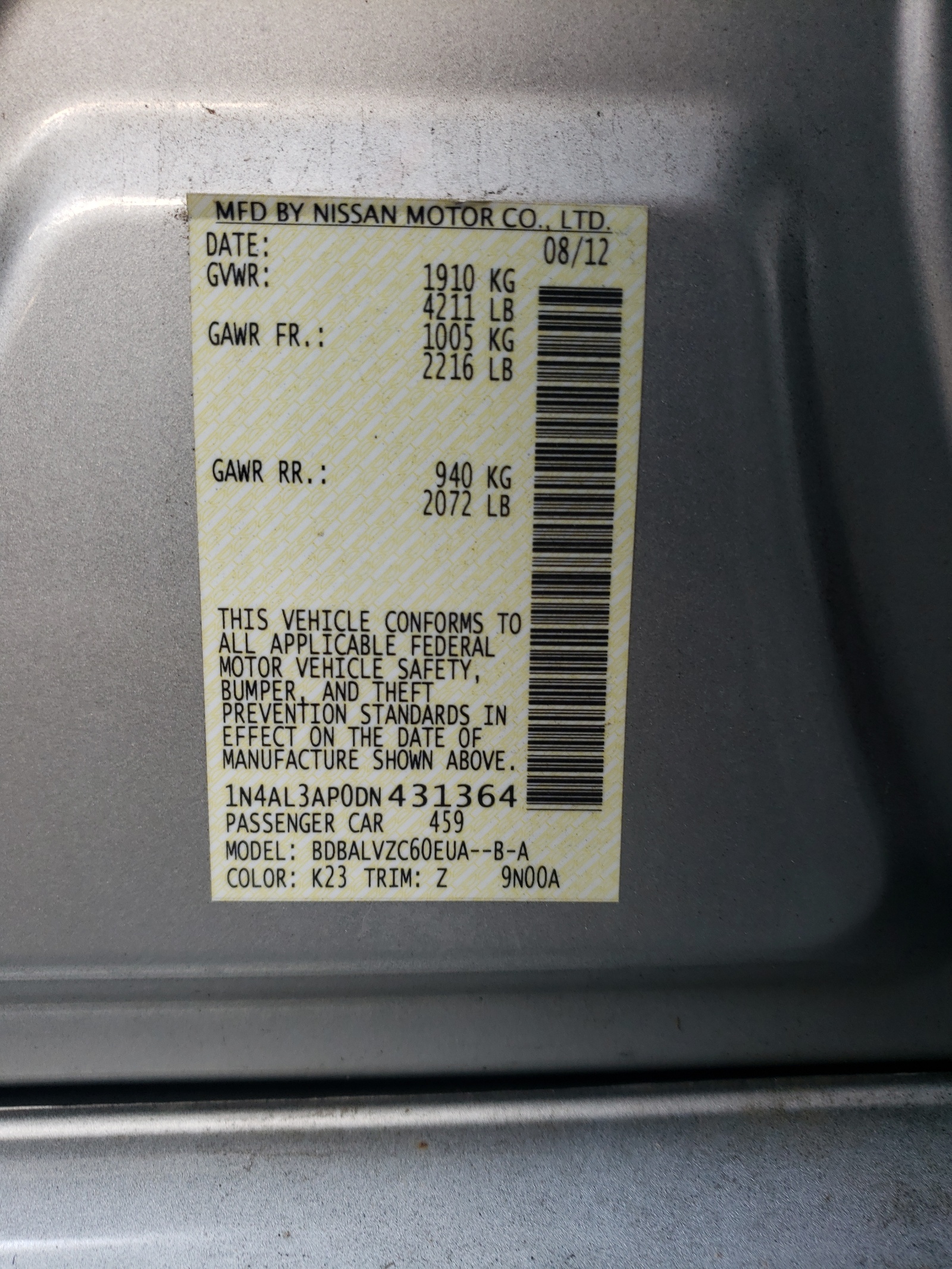 Photo 10 from auction – 2013 NISSAN ALTIMA 2.5 with VIN 1N4AL3AP0DN431364