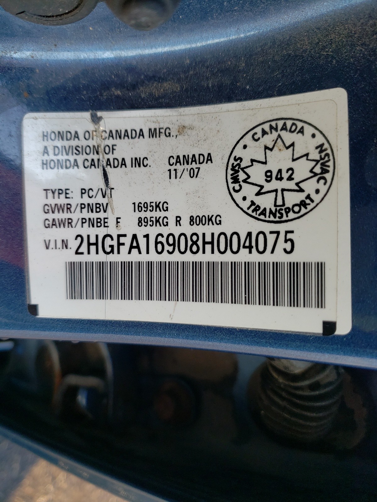 Photo 10 from auction – 2008 HONDA CIVIC EXL with VIN 2HGFA16908H004075