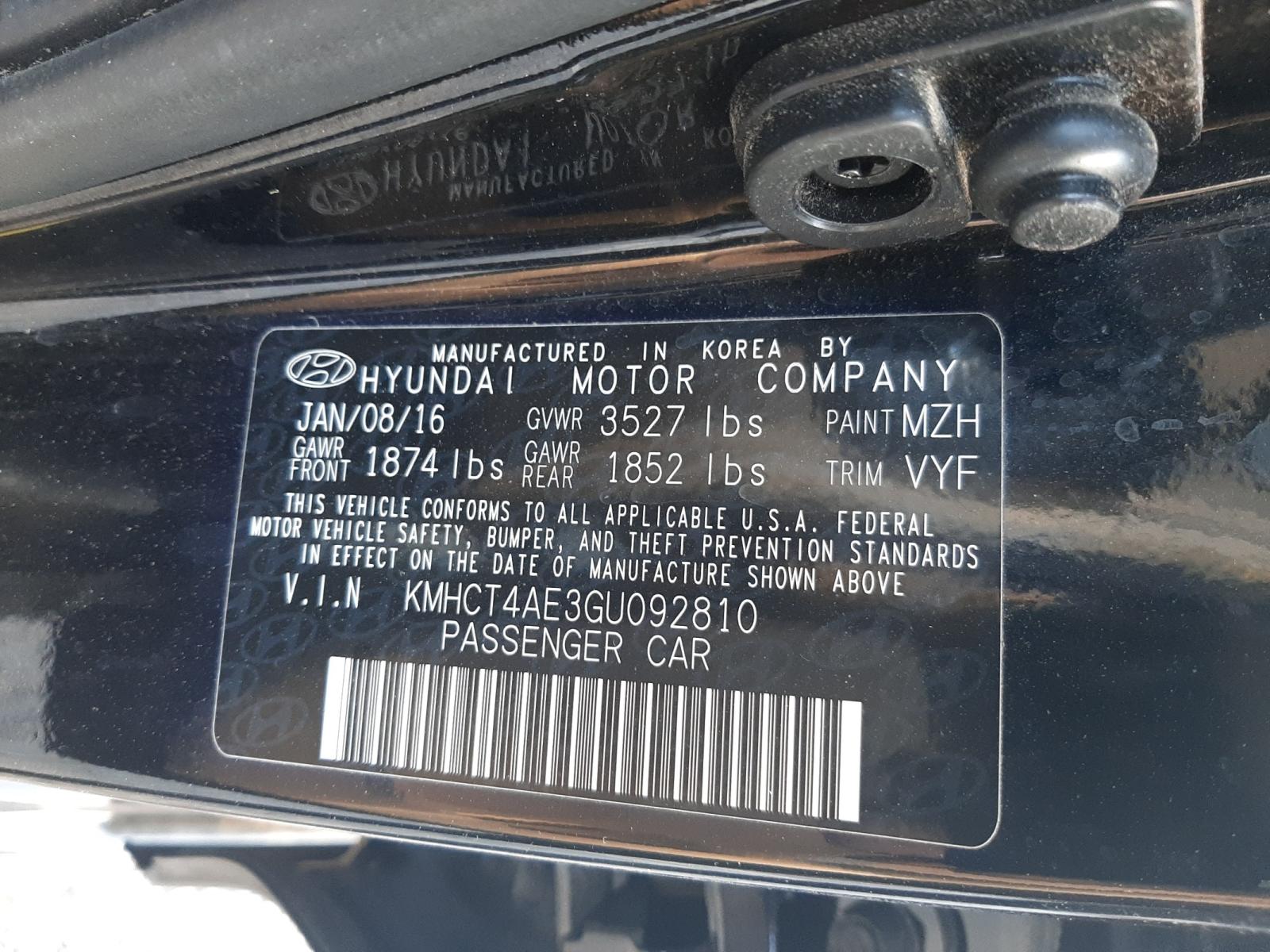 Photo 10 from auction – 2016 HYUNDAI ACCENT SE with VIN KMHCT4AE3GU092810
