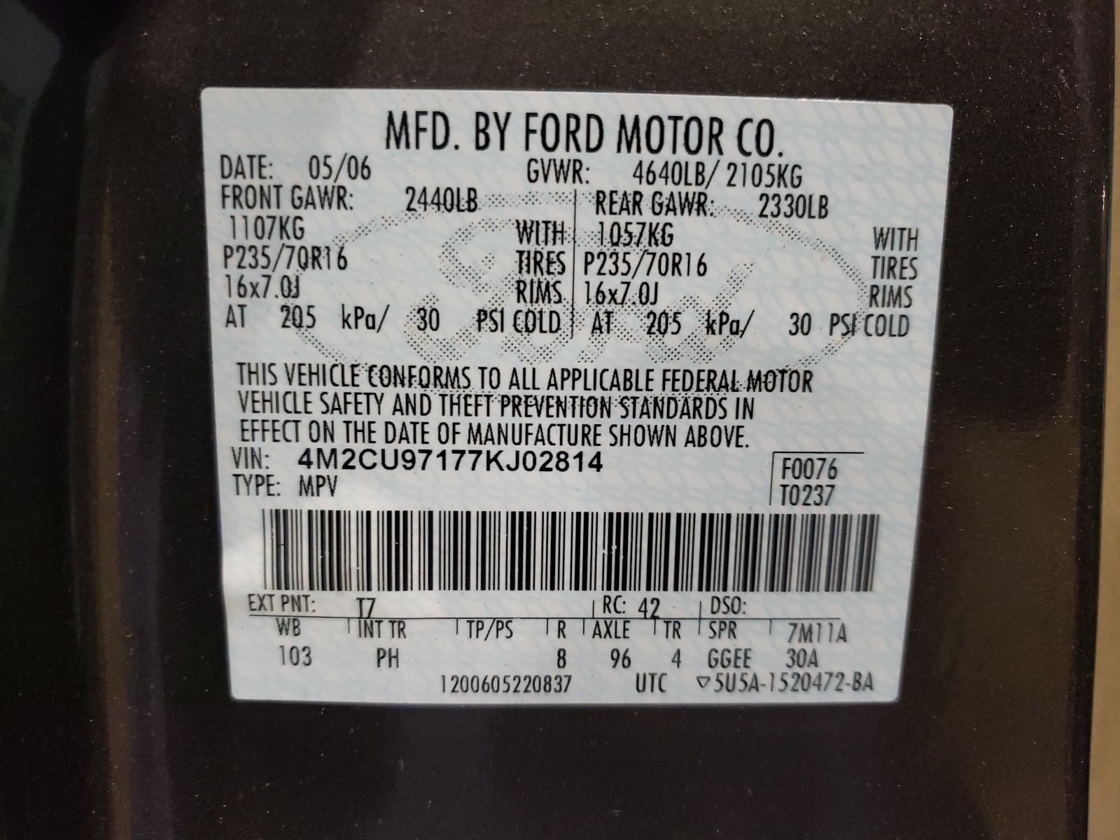 Photo 10 from auction – 2007 MERCURY MARINER PR with VIN 4M2CU97177KJ02814