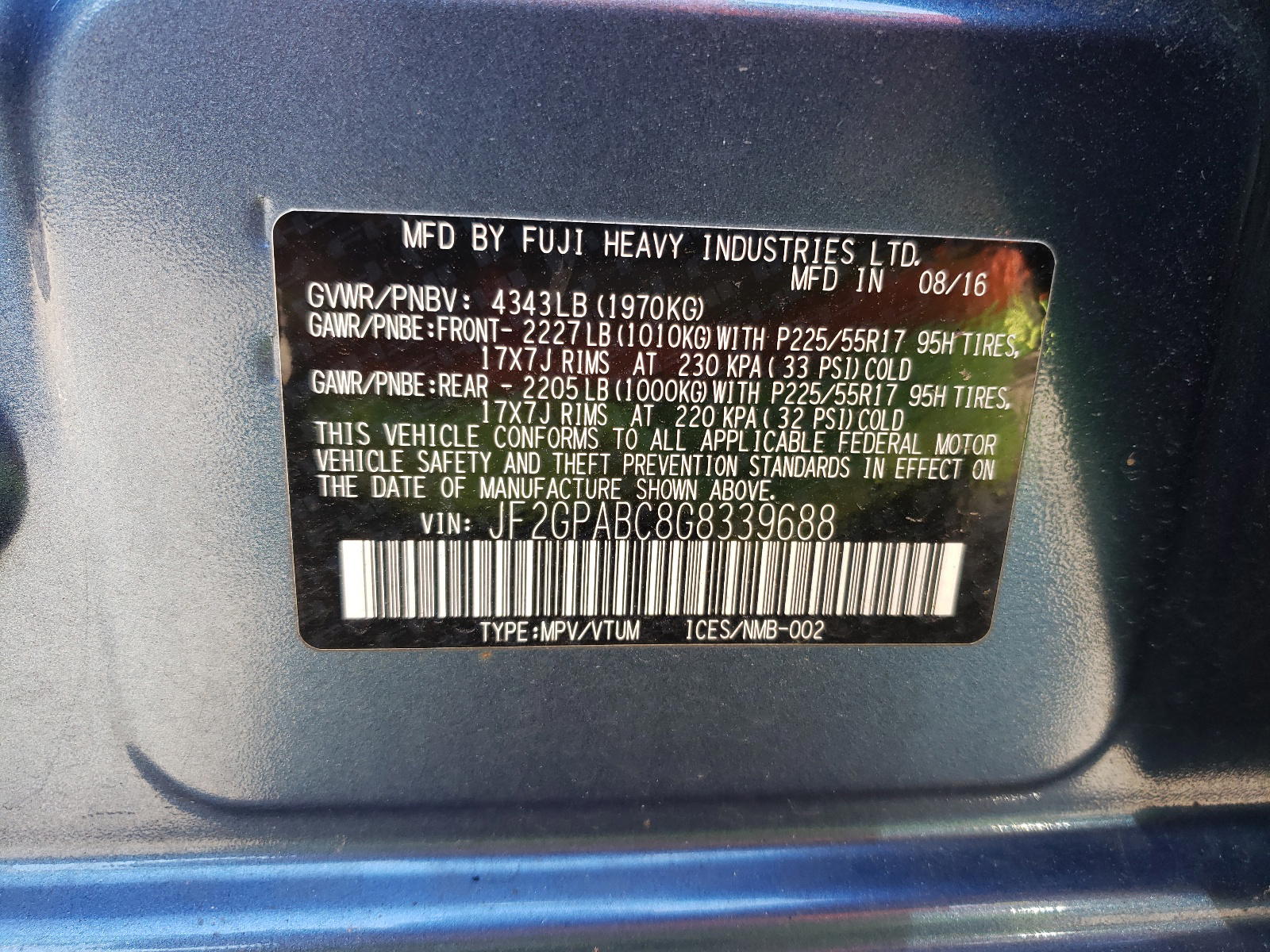 Photo 10 from auction – 2016 SUBARU CROSSTREK with VIN JF2GPABC8G8339688