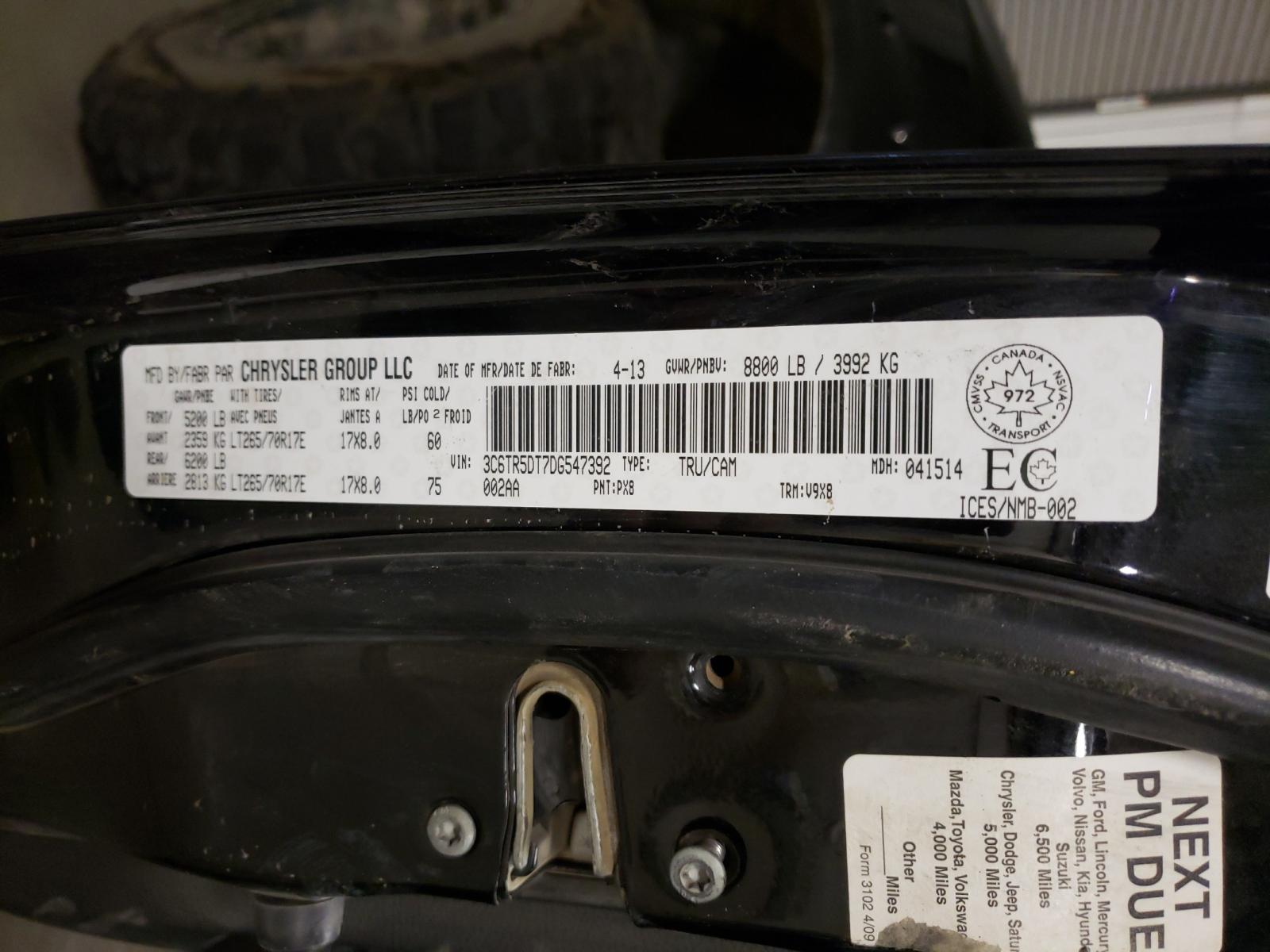Photo 10 from auction – 2013 RAM 2500 SLT with VIN 3C6TR5DT7DG547392