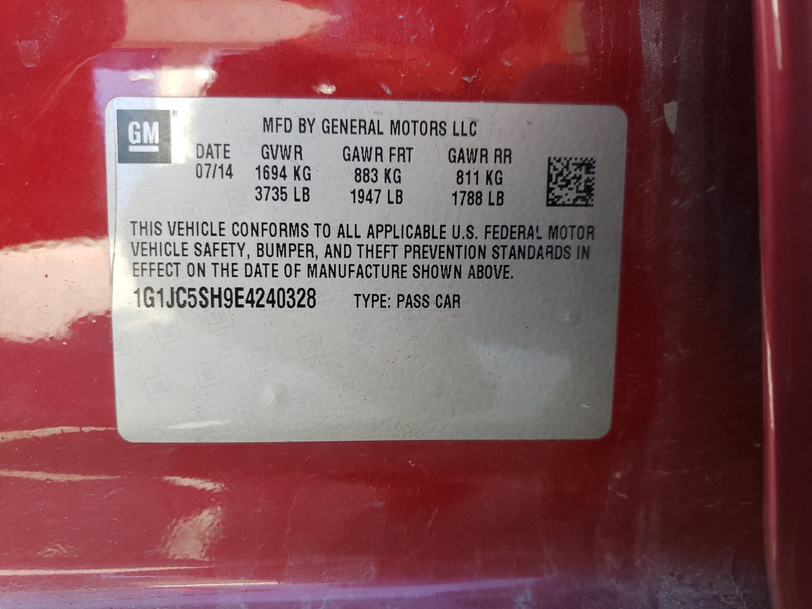Photo 10 from auction – 2014 CHEVROLET SONIC LT with VIN 1G1JC5SH9E4240328