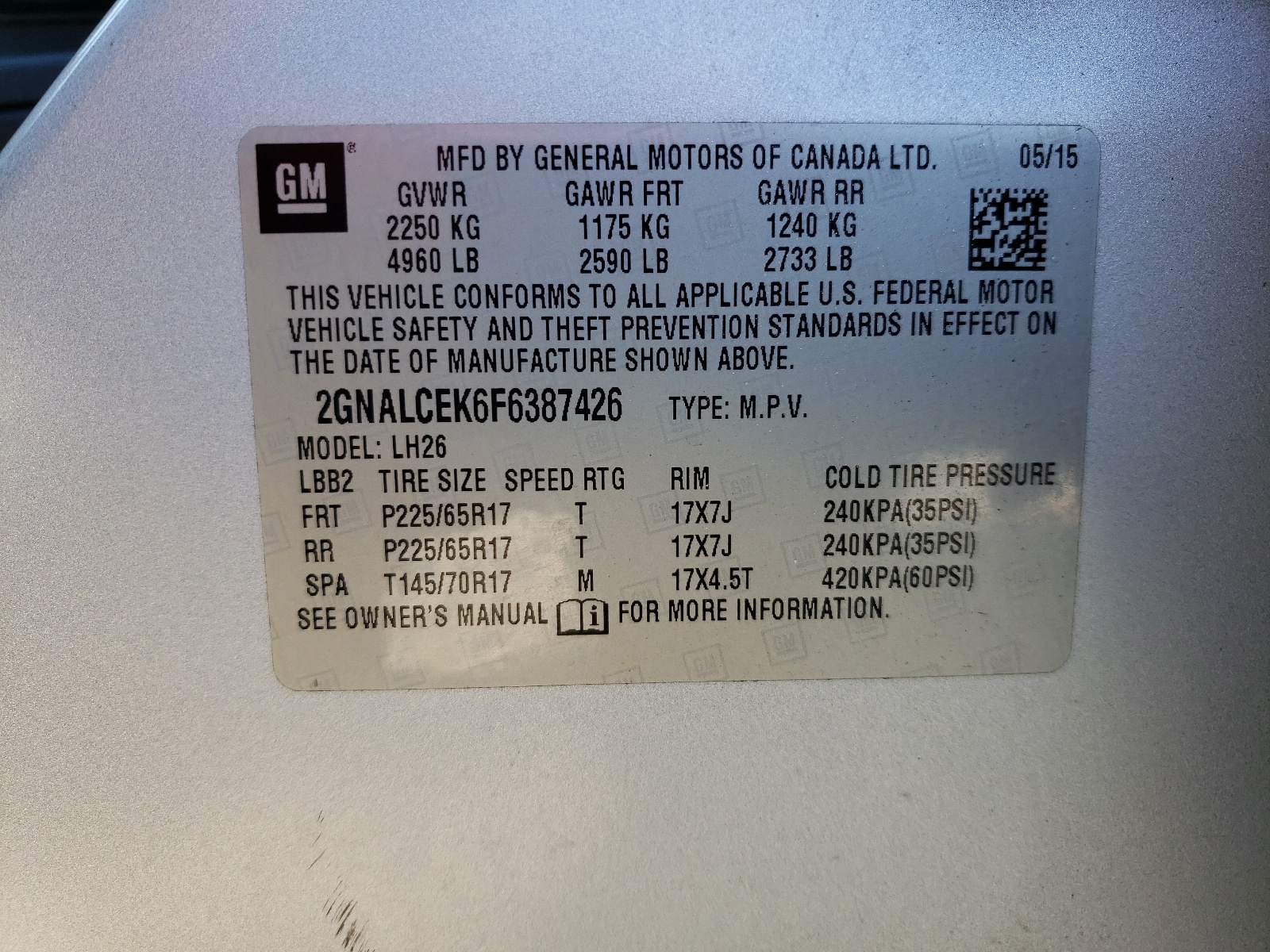 Photo 10 from auction – 2015 CHEVROLET EQUINOX LT with VIN 2GNALCEK6F6387426