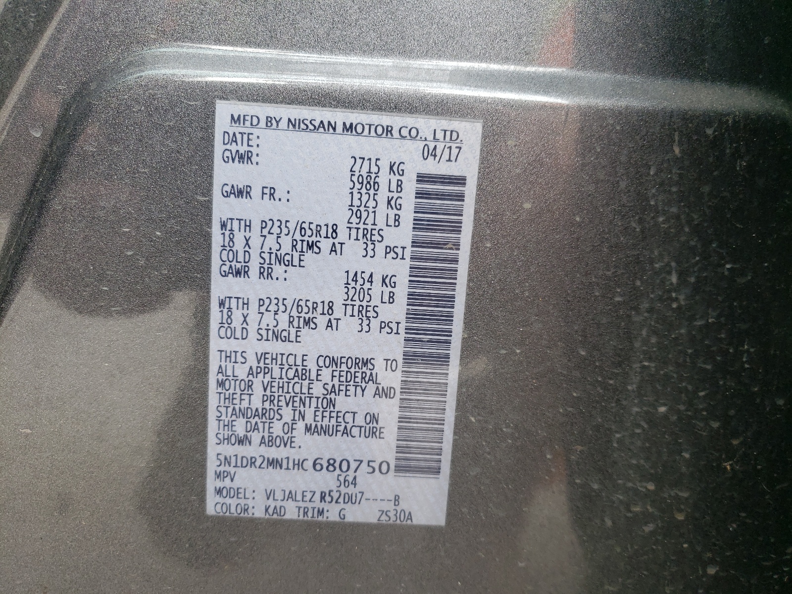 Photo 10 from auction – 2017 NISSAN PATHFINDER with VIN 5N1DR2MN1HC680750