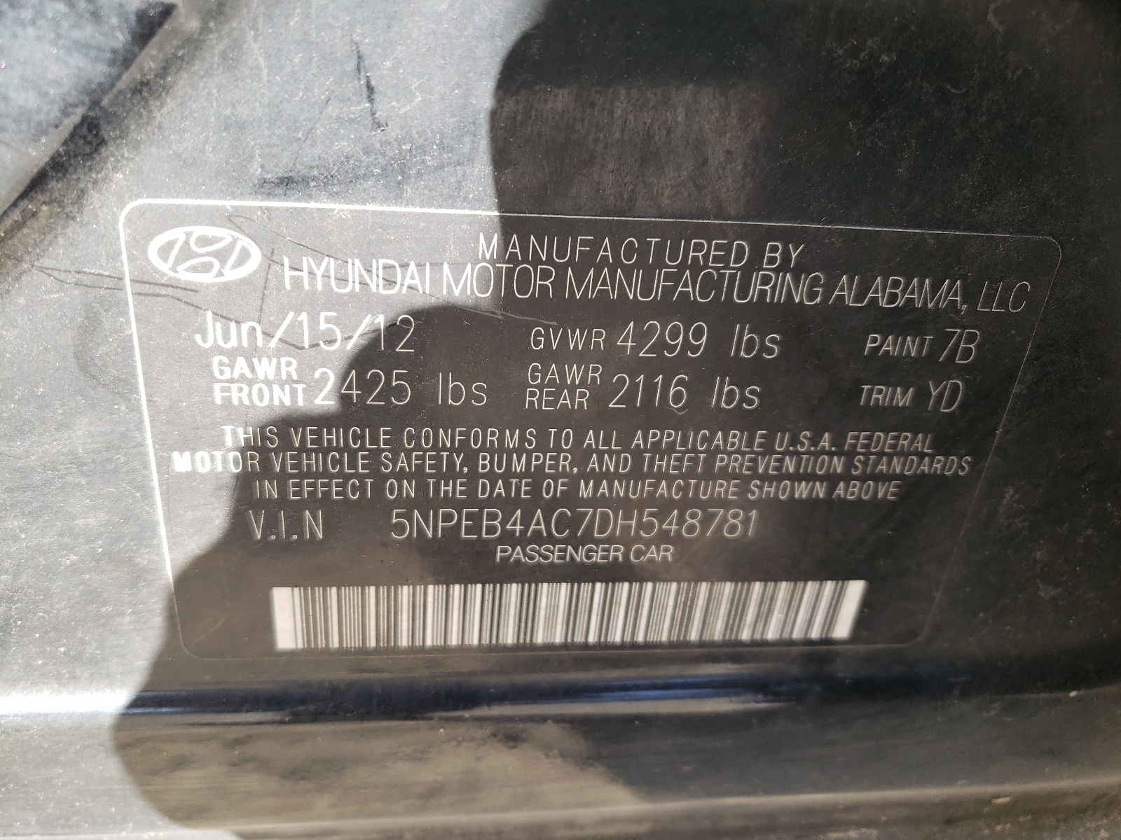 Photo 10 from auction – 2013 HYUNDAI SONATA GLS with VIN 5NPEB4AC7DH548781