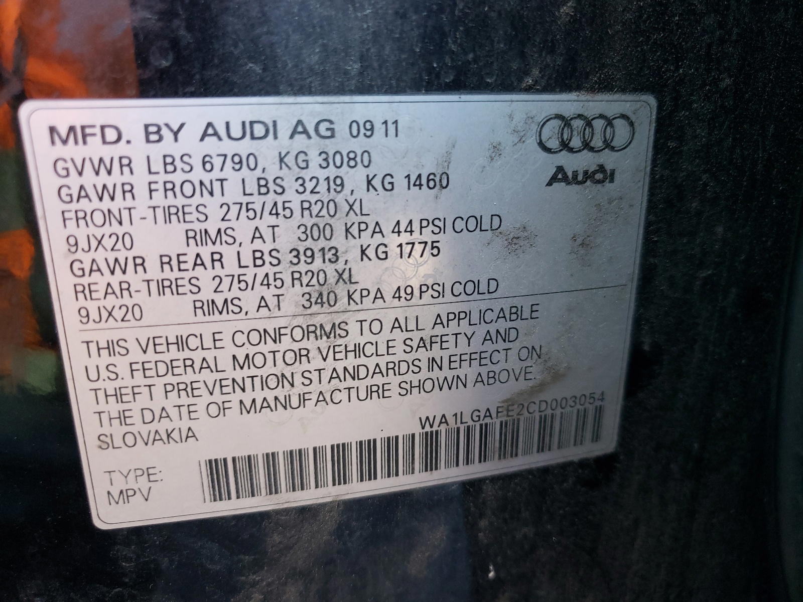 Photo 10 from auction – 2012 AUDI Q7 PREMIUM with VIN WA1LGAFE2CD003054