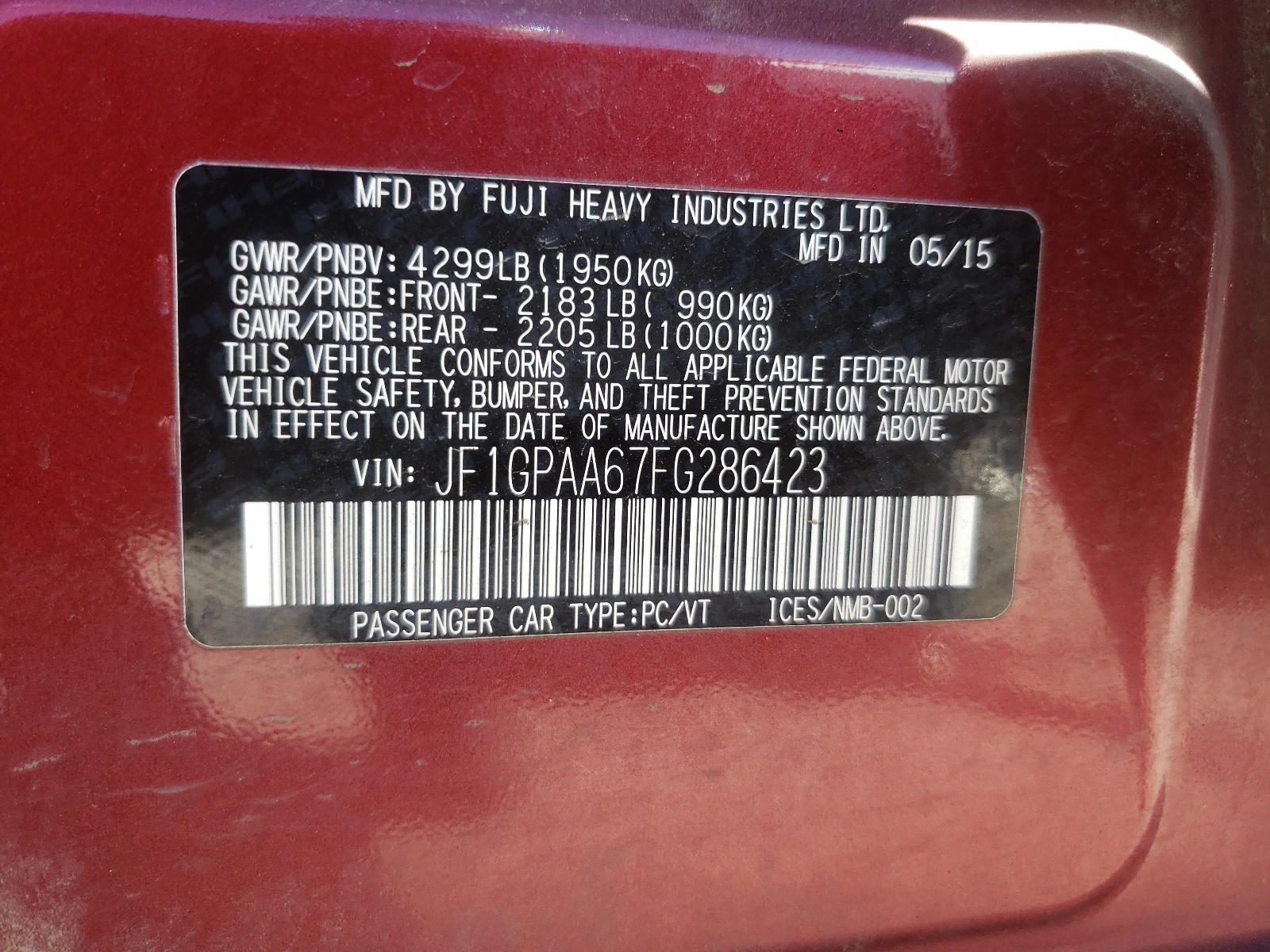 Photo 10 from auction – 2015 SUBARU IMPREZA with VIN JF1GPAA67FG286423