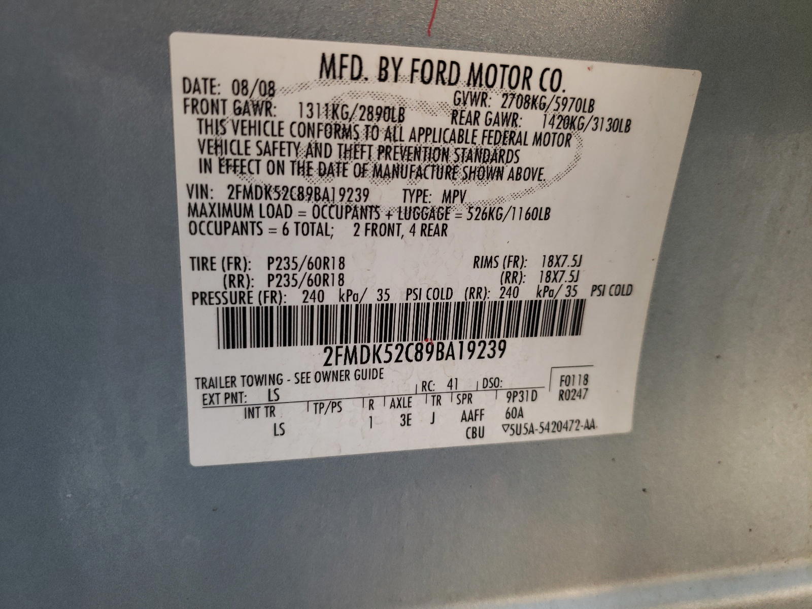 Photo 10 from auction – 2009 FORD FLEX SEL with VIN 2FMDK52C89BA19239