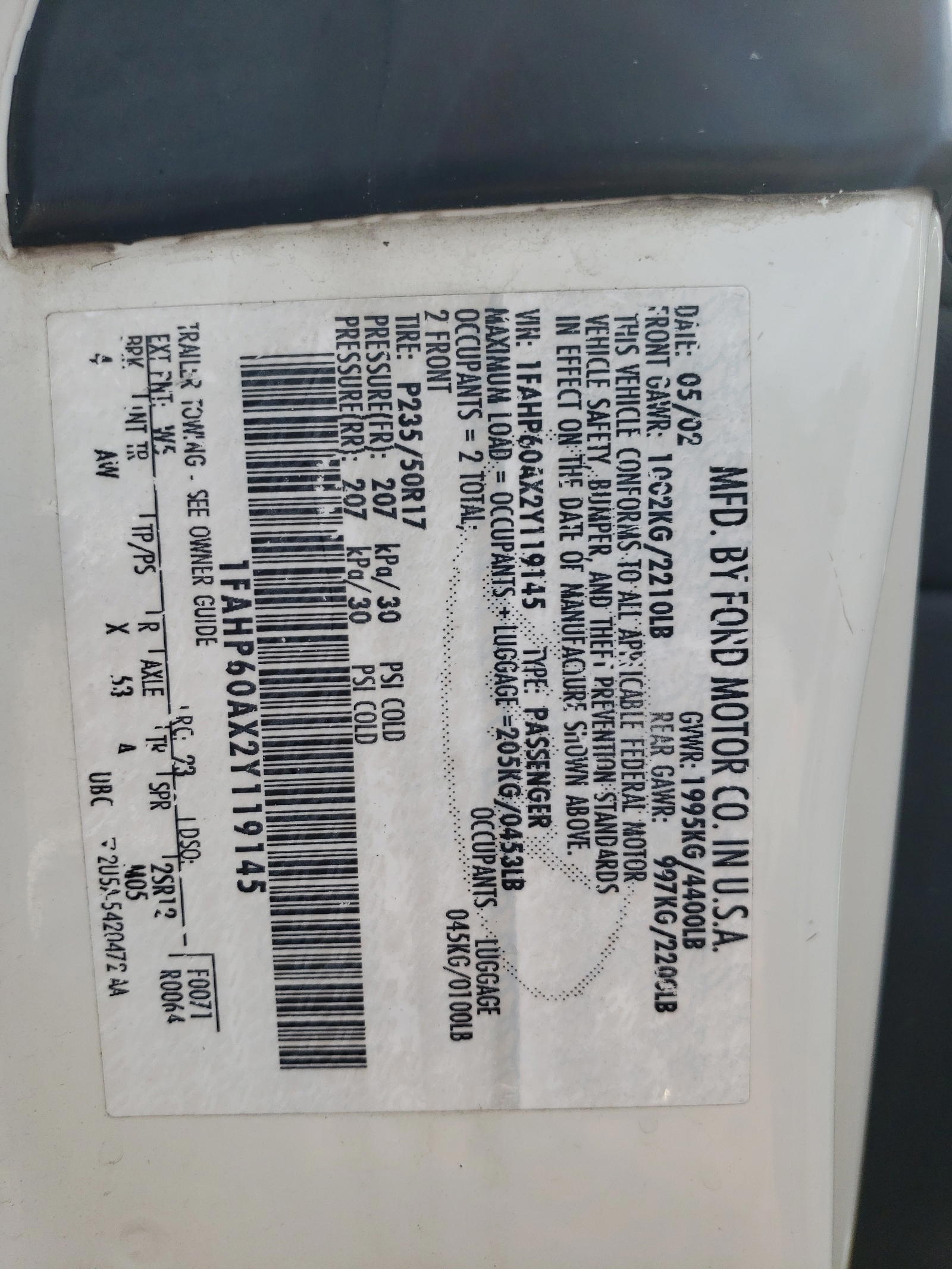 Photo 10 from auction – 2002 FORD THUNDERBIR with VIN 1FAHP60AX2Y119145