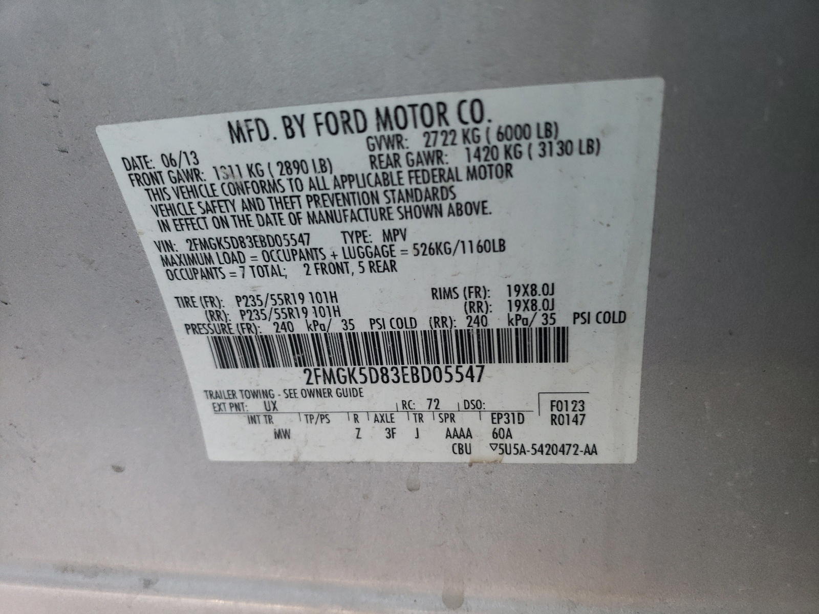 Photo 10 from auction – 2014 FORD FLEX LIMIT with VIN 2FMGK5D83EBD05547