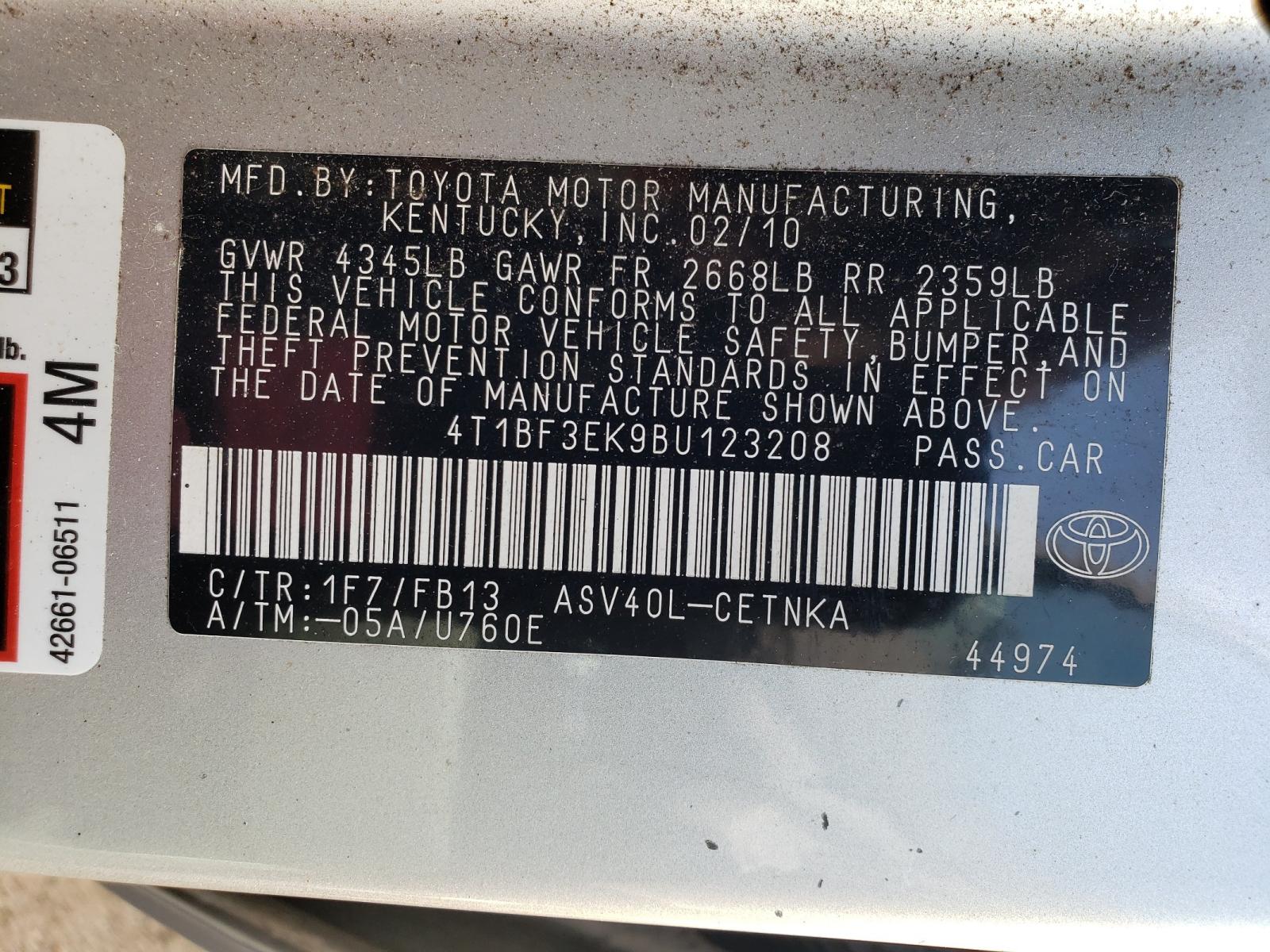 Photo 10 from auction – 2011 TOYOTA CAMRY with VIN 4T1BF3EK9BU123208