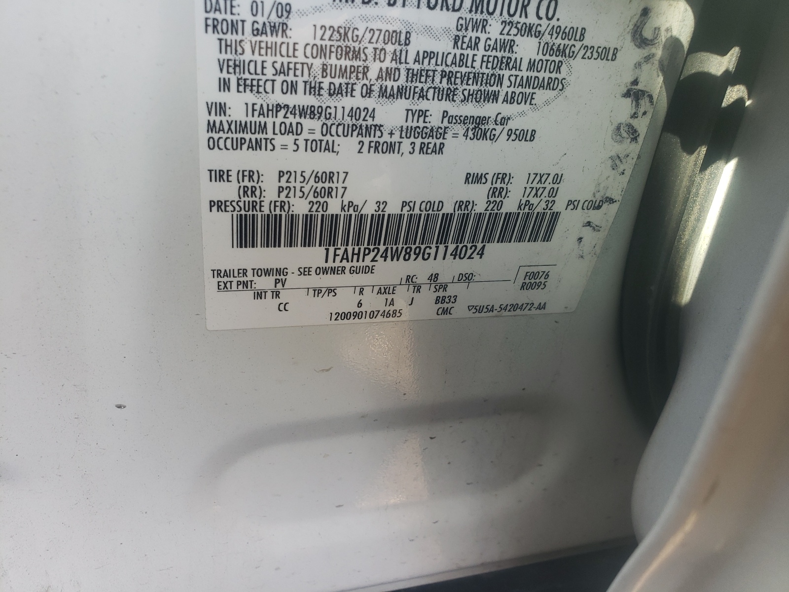 Photo 10 from auction – 2009 FORD TAURUS SEL with VIN 1FAHP24W89G114024