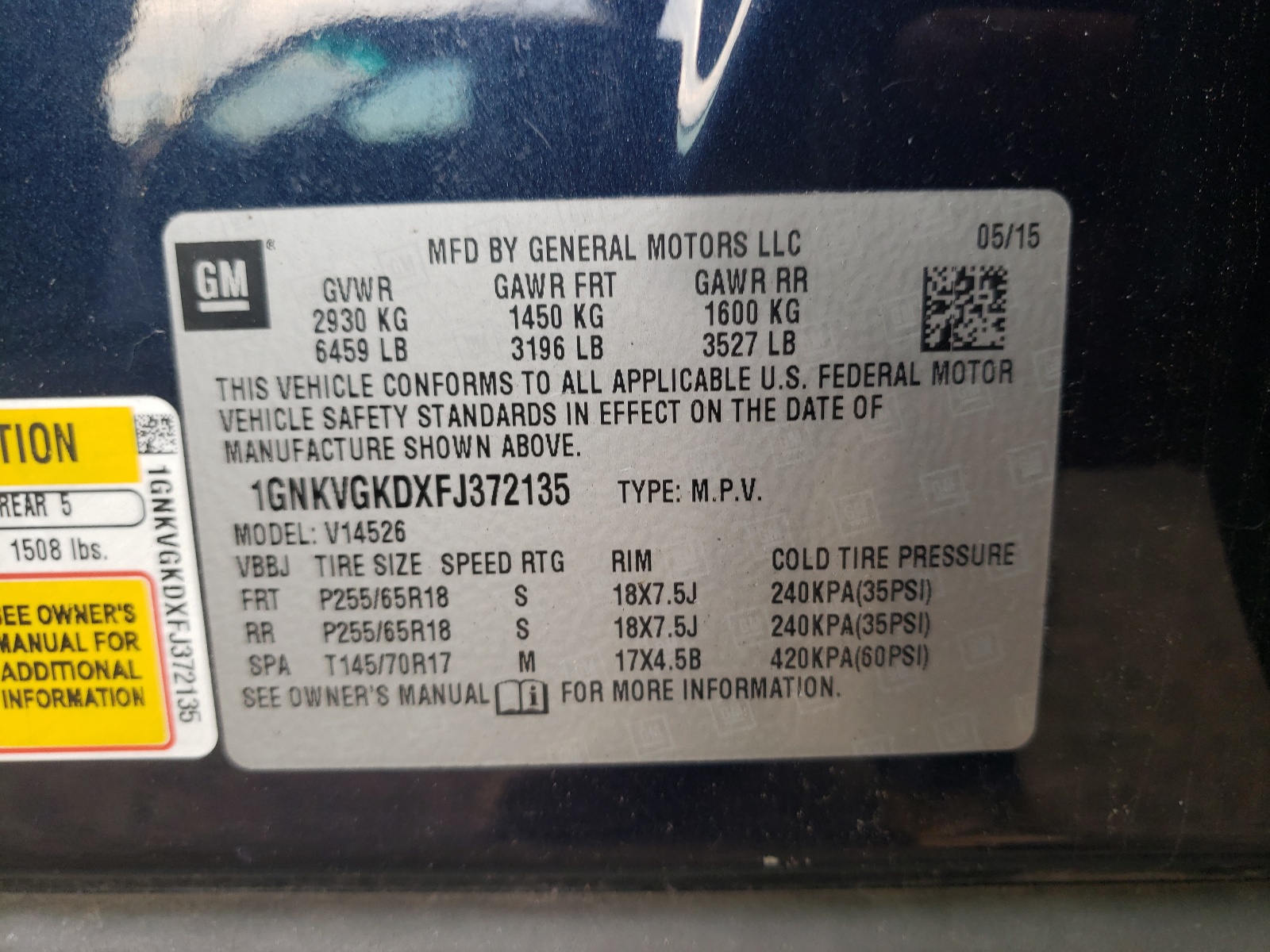 Photo 10 from auction – 2015 CHEVROLET TRAVERSE L with VIN 1GNKVGKDXFJ372135