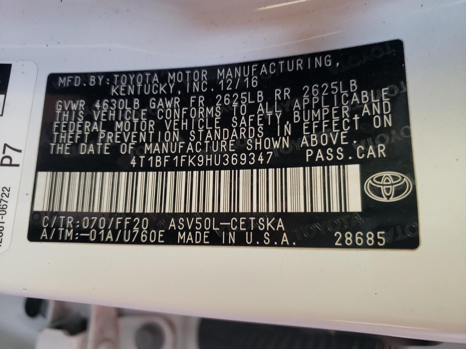 Photo 10 from auction – 2017 TOYOTA CAMRY LE with VIN 4T1BF1FK9HU369347