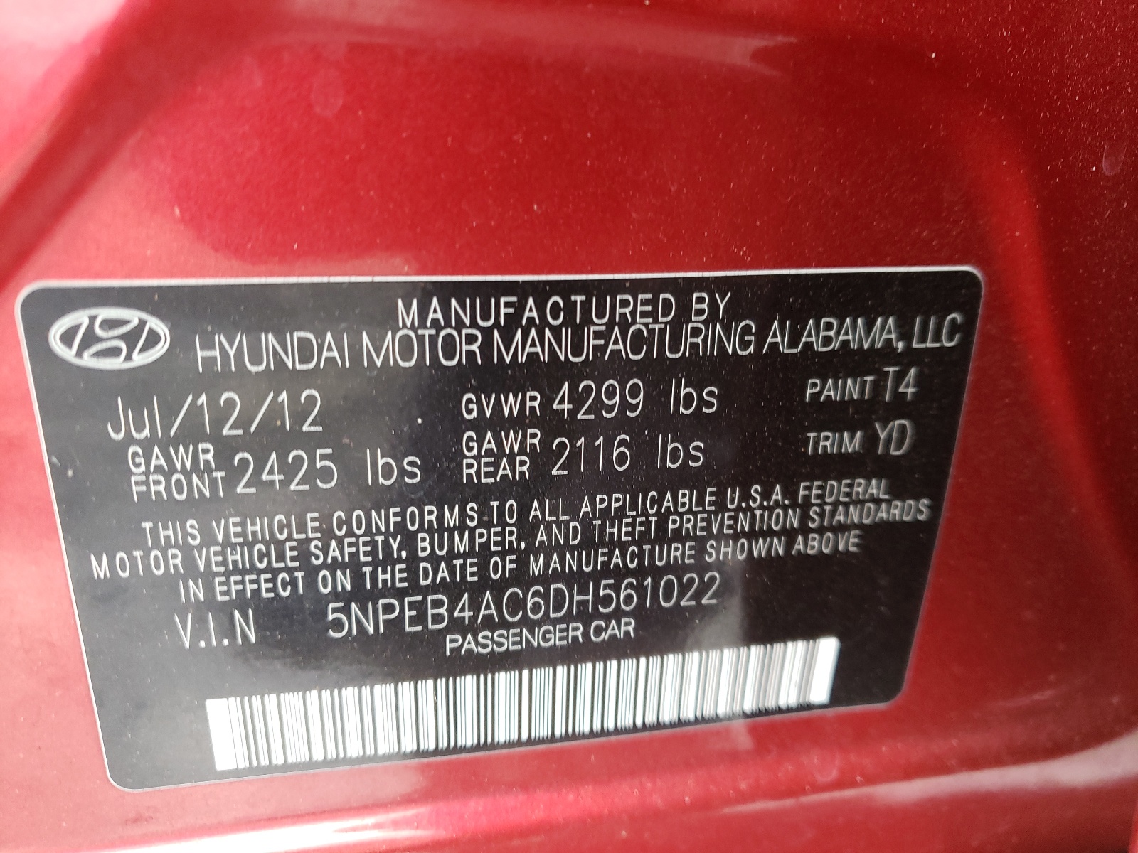 Photo 10 from auction – 2013 HYUNDAI SONATA GLS with VIN 5NPEB4AC6DH561022