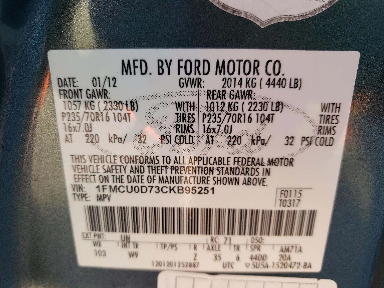 Photo 10 from auction – 2012 FORD ESCAPE XLT with VIN 1FMCU0D73CKB95251