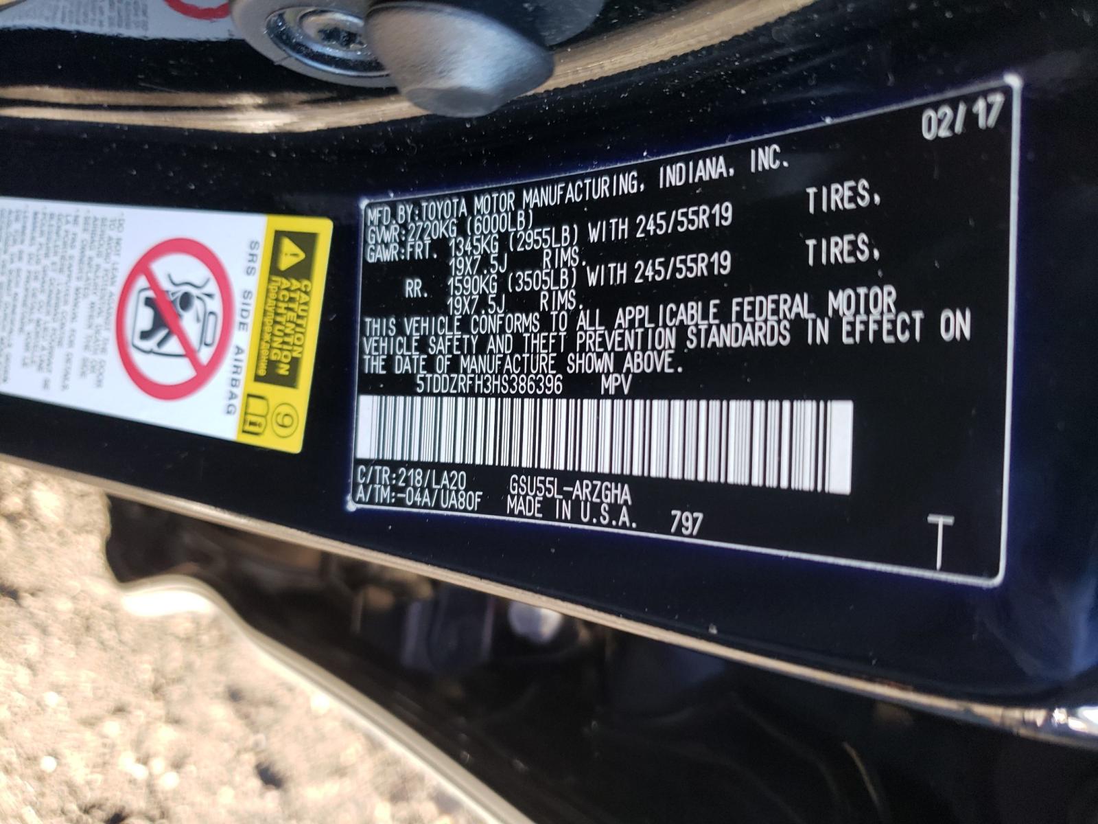 Photo 10 from auction – 2017 TOYOTA HIGHLANDER with VIN 5TDDZRFH3HS386396