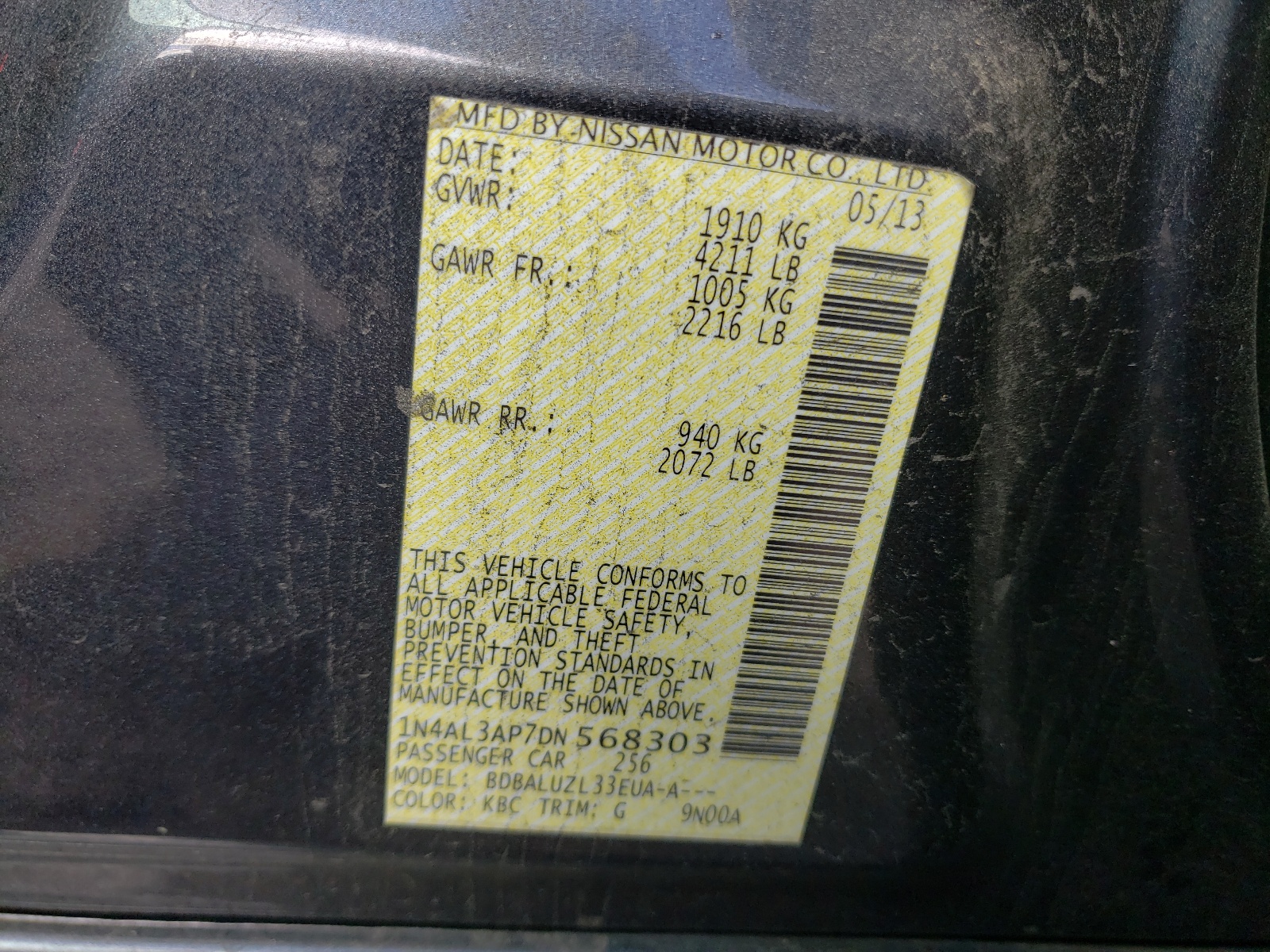 Photo 10 from auction – 2013 NISSAN ALTIMA 2.5 with VIN 1N4AL3AP7DN568303