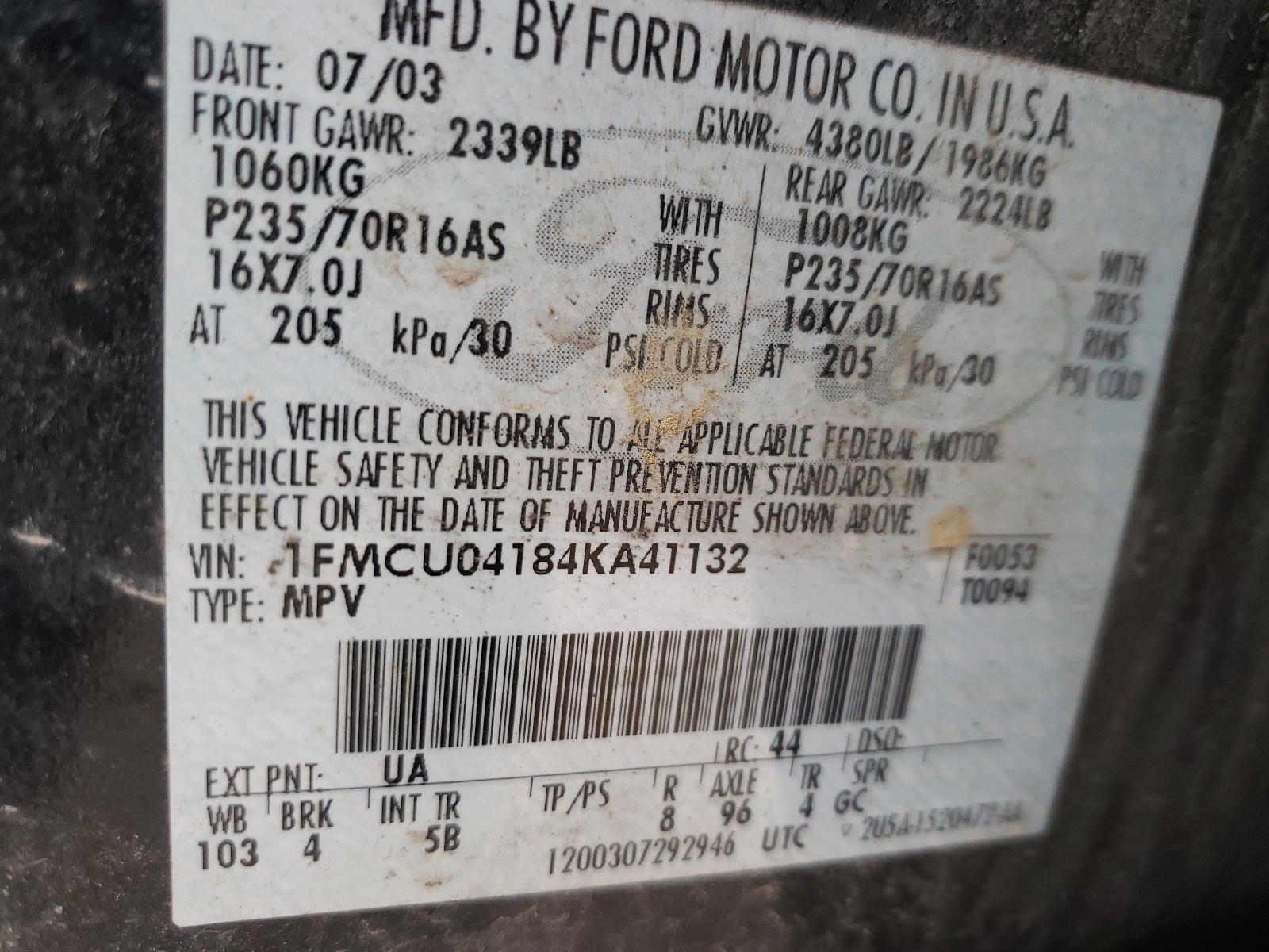 Photo 10 from auction – 2004 FORD ESCAPE LIM with VIN 1FMCU04184KA41132