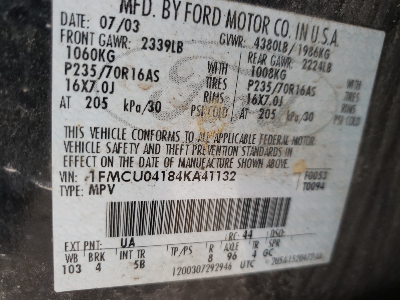 Zdjęcie 10 z aukcji – 2004 FORD ESCAPE LIM z VIN 1FMCU04184KA41132