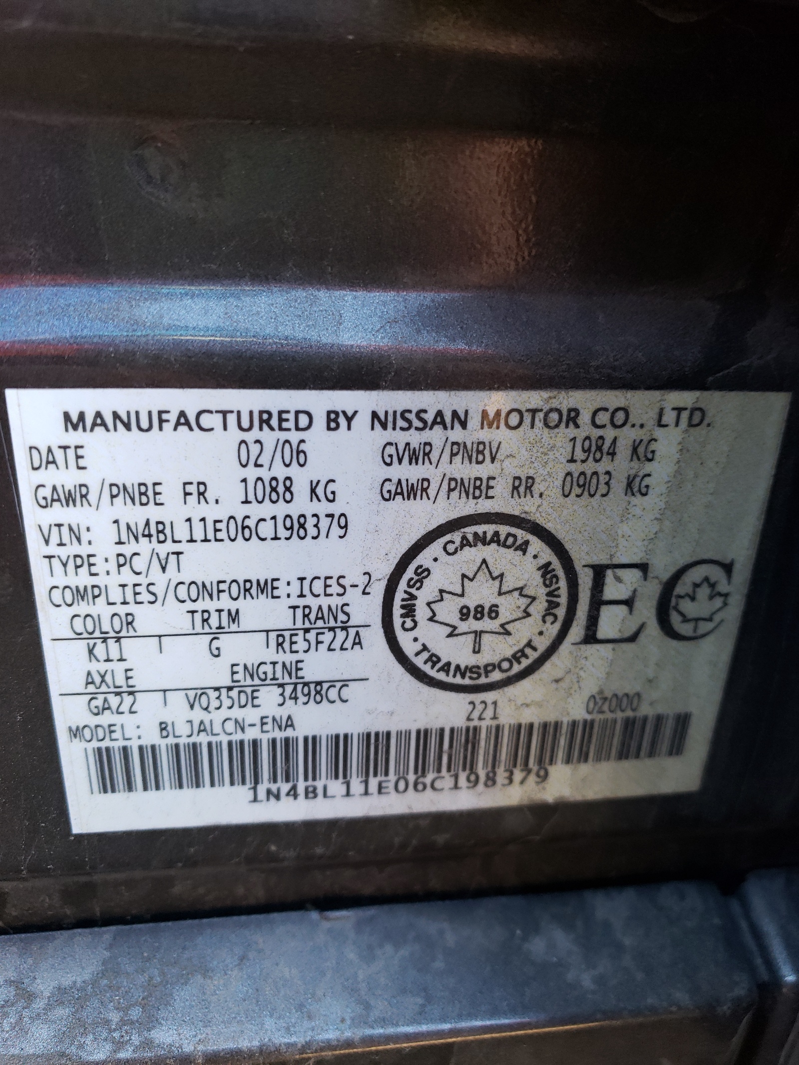 Photo 10 from auction – 2006 NISSAN ALTIMA SE with VIN 1N4BL11E06C198379