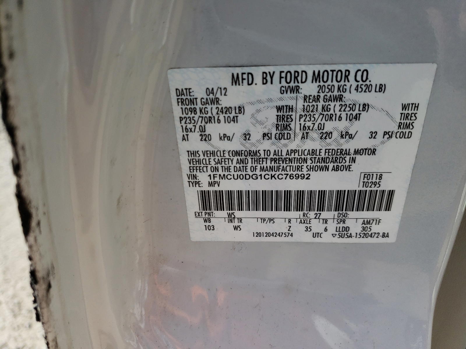 Photo 10 from auction – 2012 FORD ESCAPE XLT with VIN 1FMCU0DG1CKC76992