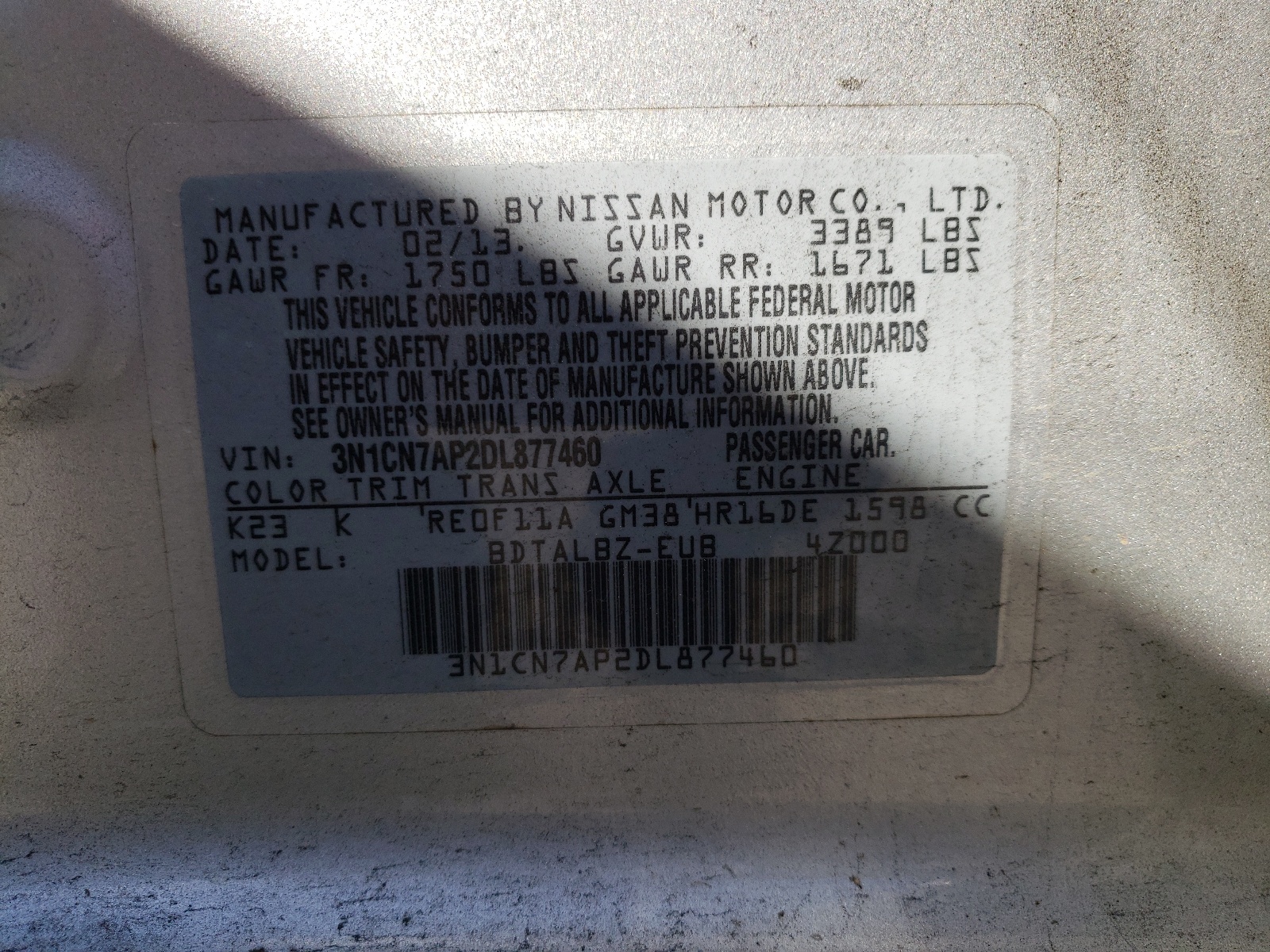 Photo 10 from auction – 2013 NISSAN VERSA S with VIN 3N1CN7AP2DL877460