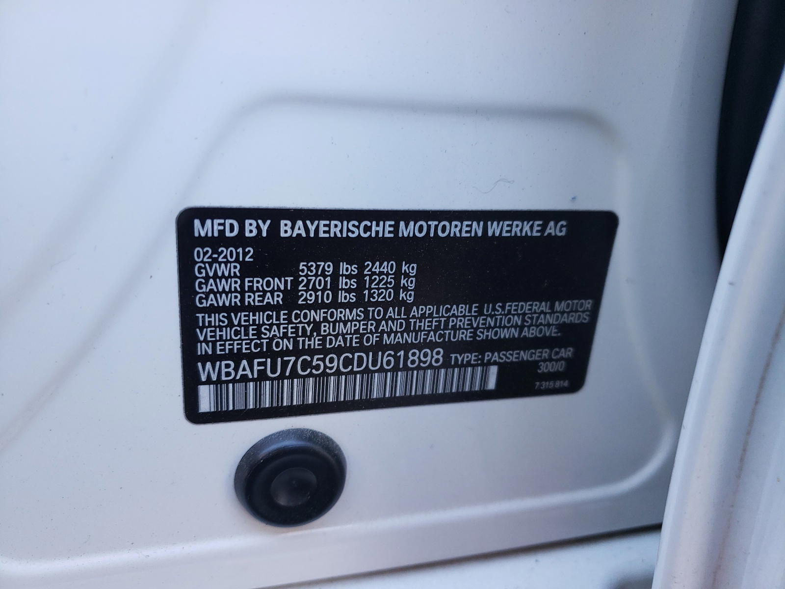 Photo 10 from auction – 2012 BMW 535 XI with VIN WBAFU7C59CDU61898