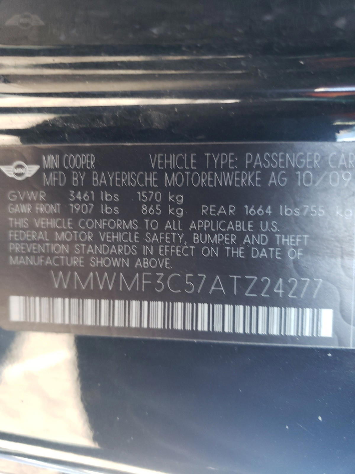 Photo 10 from auction – 2010 MINI COOPER with VIN WMWMF3C57ATZ24277