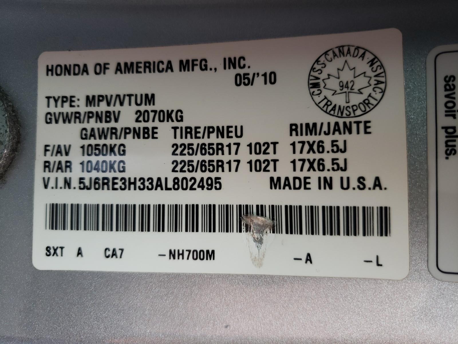 Photo 10 from auction – 2010 HONDA CR-V LX with VIN 5J6RE3H33AL802495