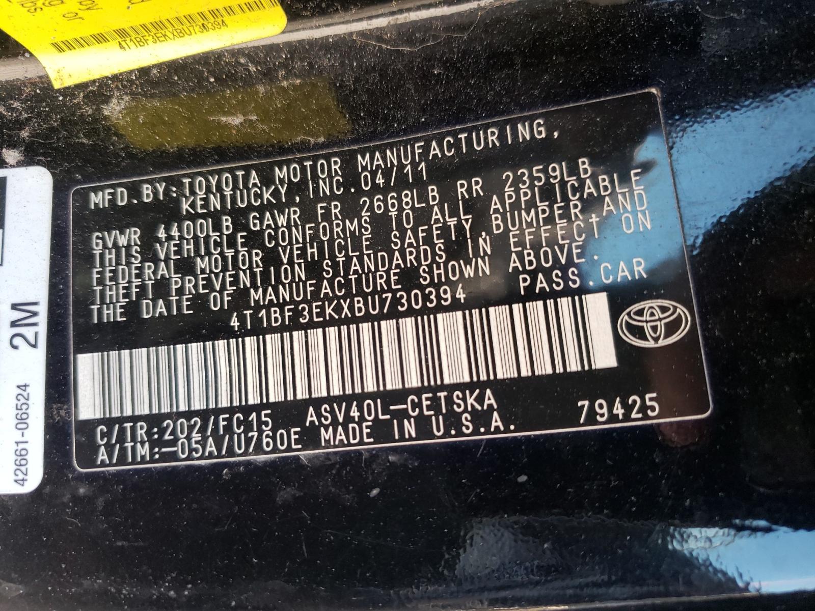 Photo 10 from auction – 2011 TOYOTA CAMRY BASE with VIN 4T1BF3EKXBU730394