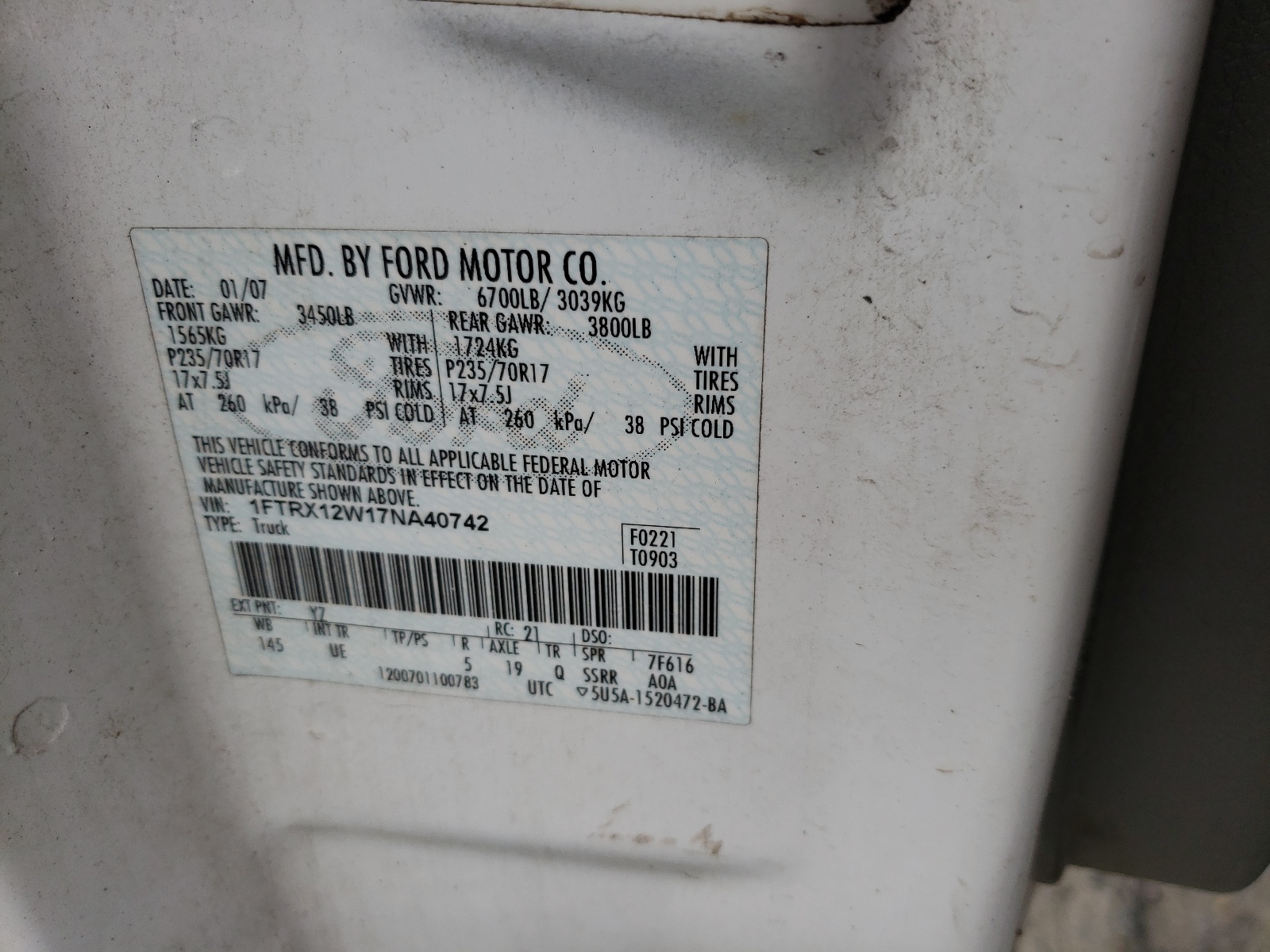 Photo 10 from auction – 2007 FORD F150 with VIN 1FTRX12W17NA40742