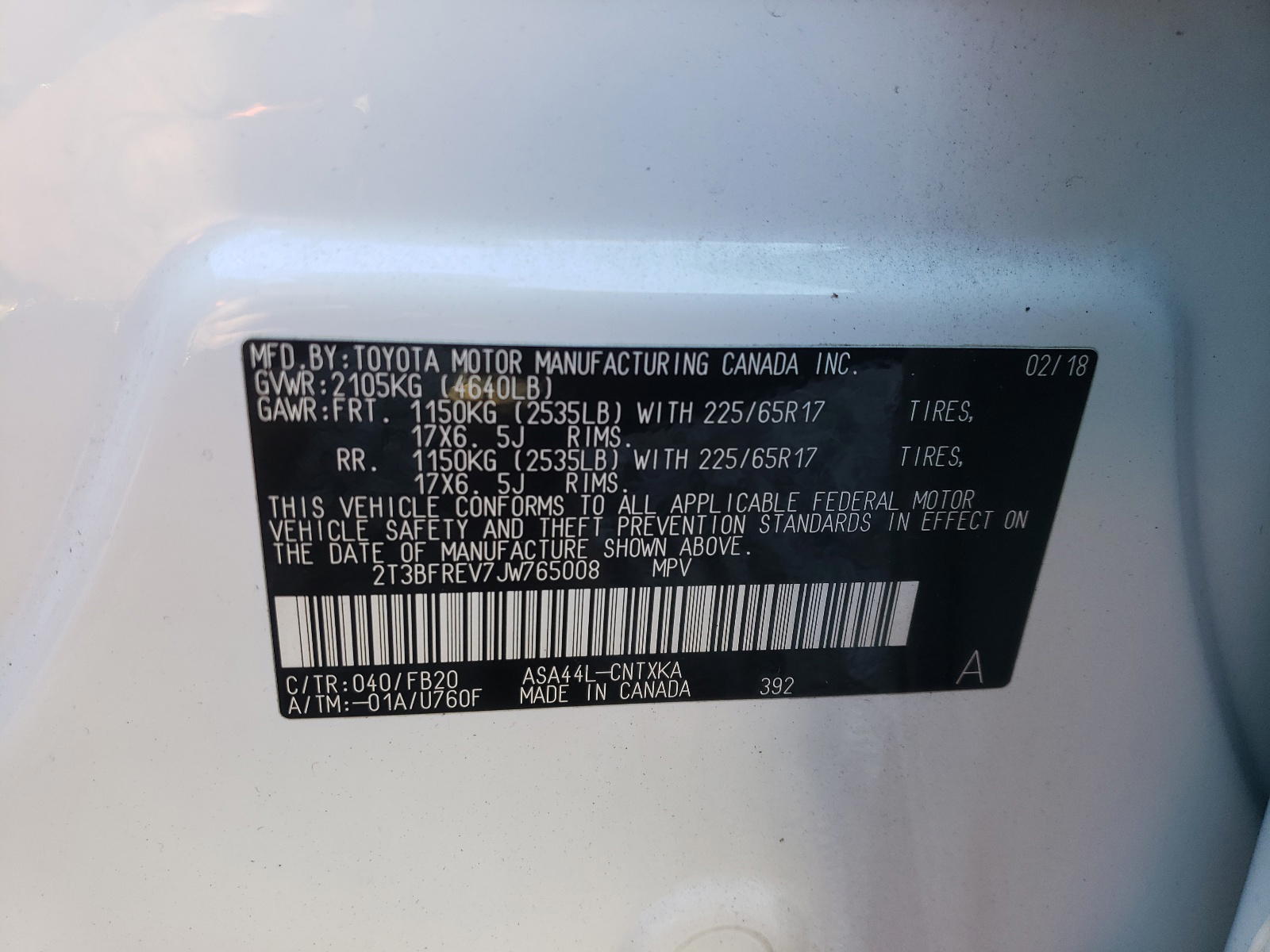 Photo 10 from auction – 2018 TOYOTA RAV4 LE with VIN 2T3BFREV7JW765008