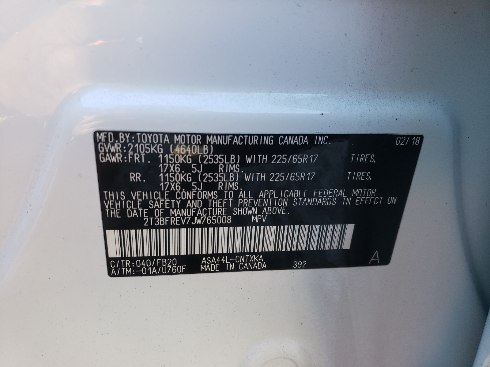 Zdjęcie 10 z aukcji – 2018 TOYOTA RAV4 LE z VIN 2T3BFREV7JW765008