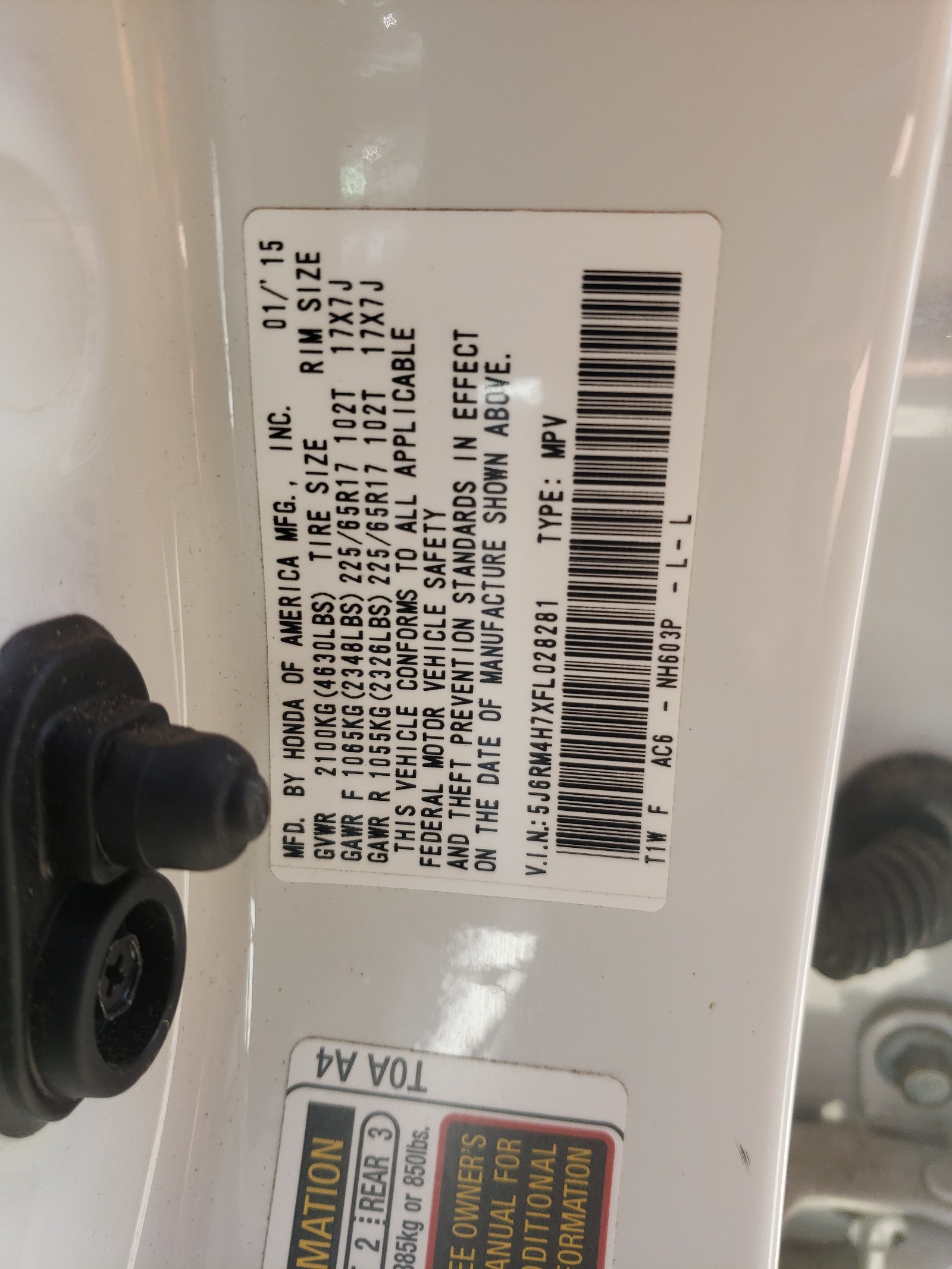 Photo 10 from auction – 2015 HONDA CR-V EXL with VIN 5J6RM4H7XFL028281