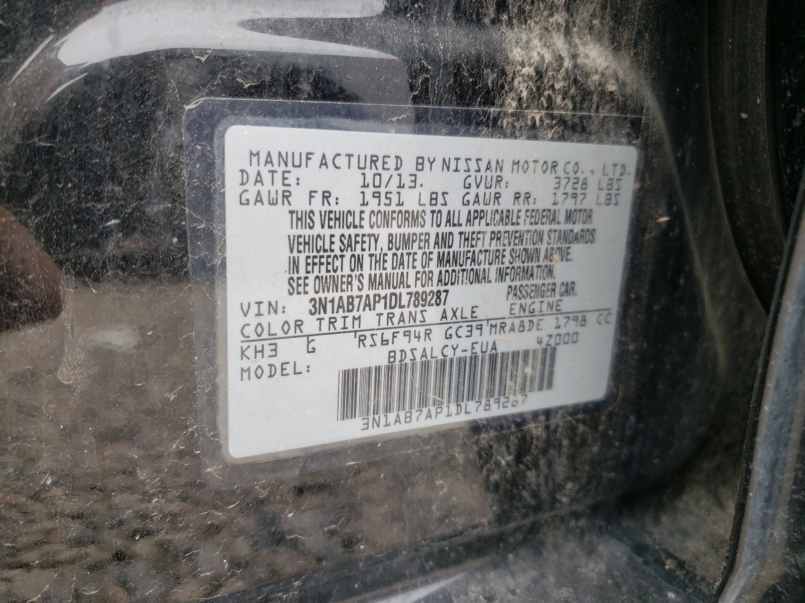 Photo 10 from auction – 2013 NISSAN SENTRA S with VIN 3N1AB7AP1DL789287