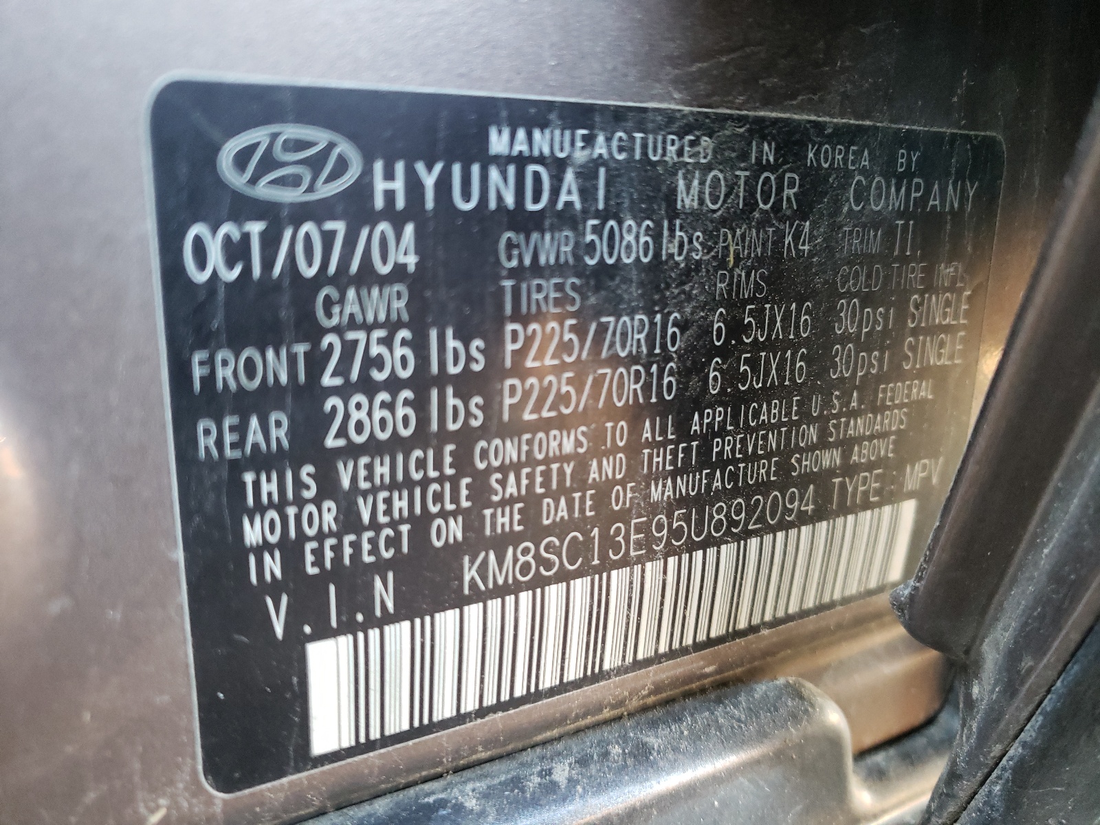 Photo 10 from auction – 2005 HYUNDAI SANTA FE G with VIN KM8SC13E95U892094