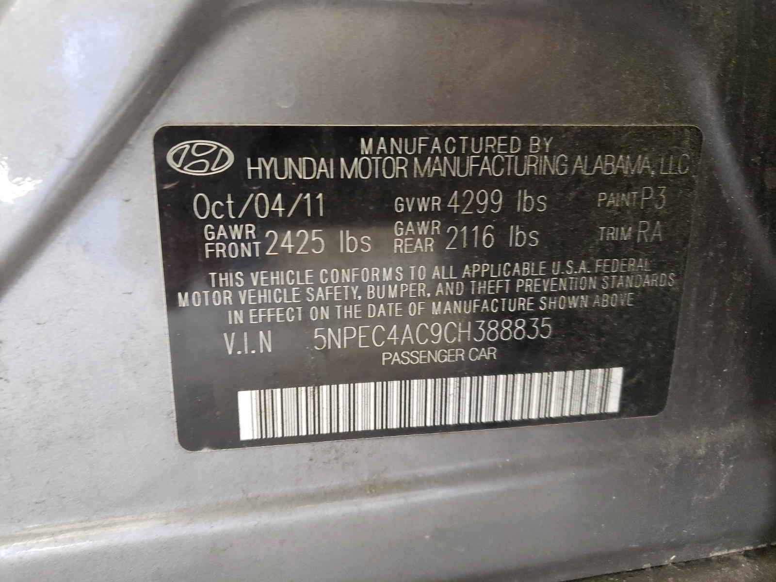 Photo 10 from auction – 2012 HYUNDAI SONATA SE with VIN 5NPEC4AC9CH388835