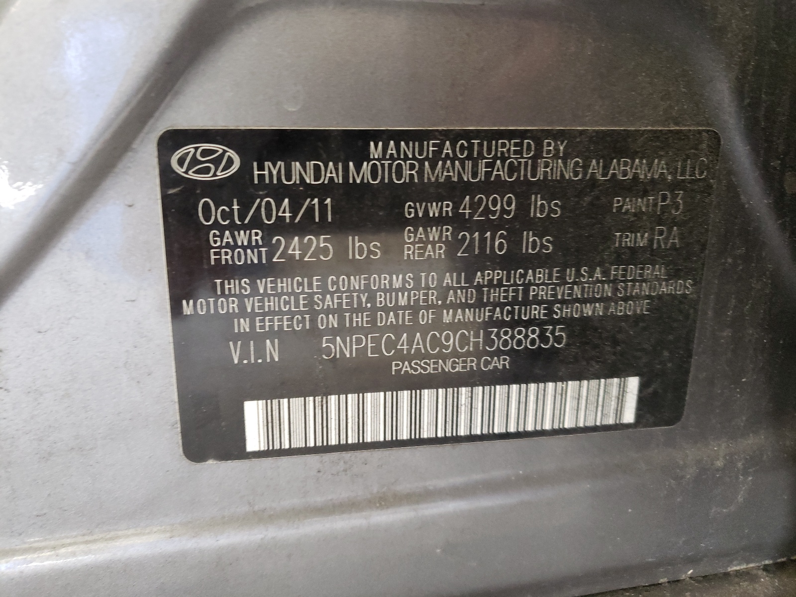 Фото 10 с аукциона – 2012 HYUNDAI SONATA SE с VIN 5NPEC4AC9CH388835