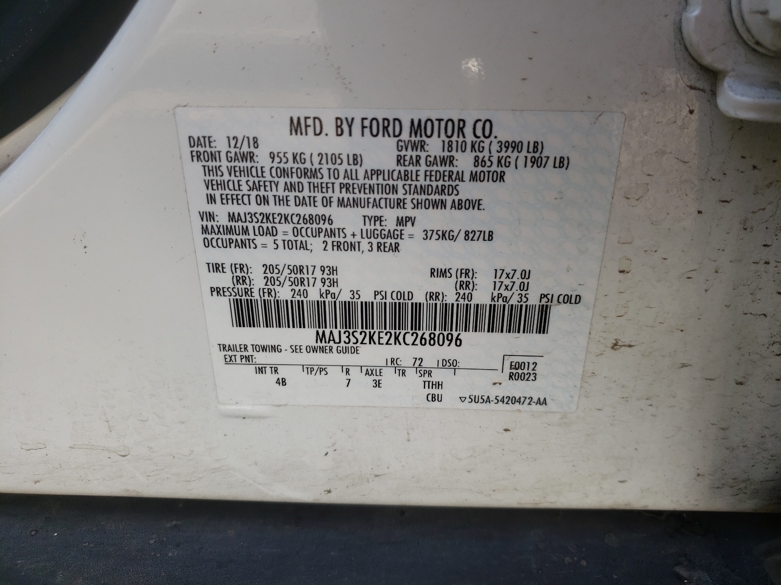 Photo 10 from auction – 2019 FORD ECOSPORT T with VIN MAJ3S2KE2KC268096