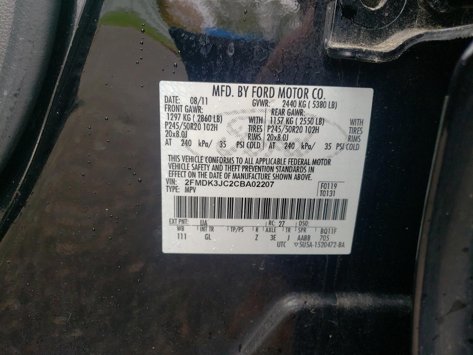 Photo 10 from auction – 2012 FORD EDGE SEL with VIN 2FMDK3JC2CBA02207