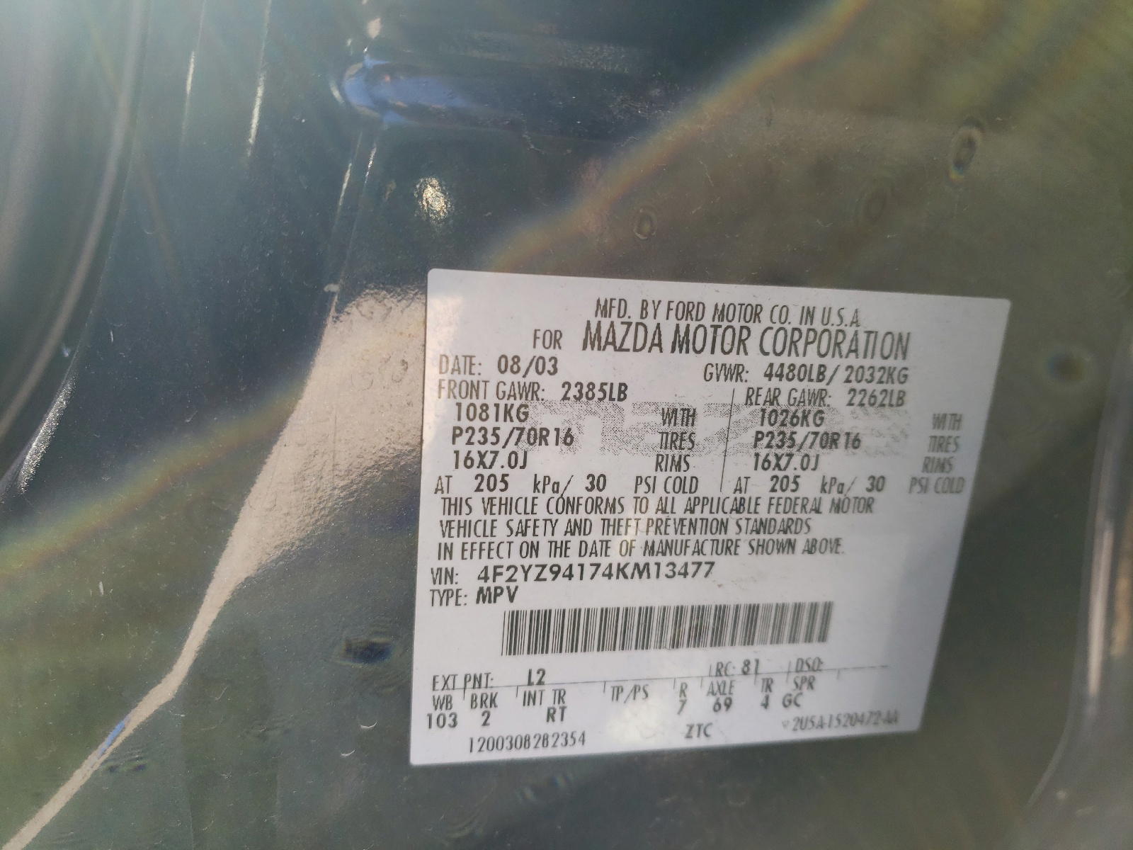 Photo 10 from auction – 2004 MAZDA TRIBUTE LX with VIN 4F2YZ94174KM13477